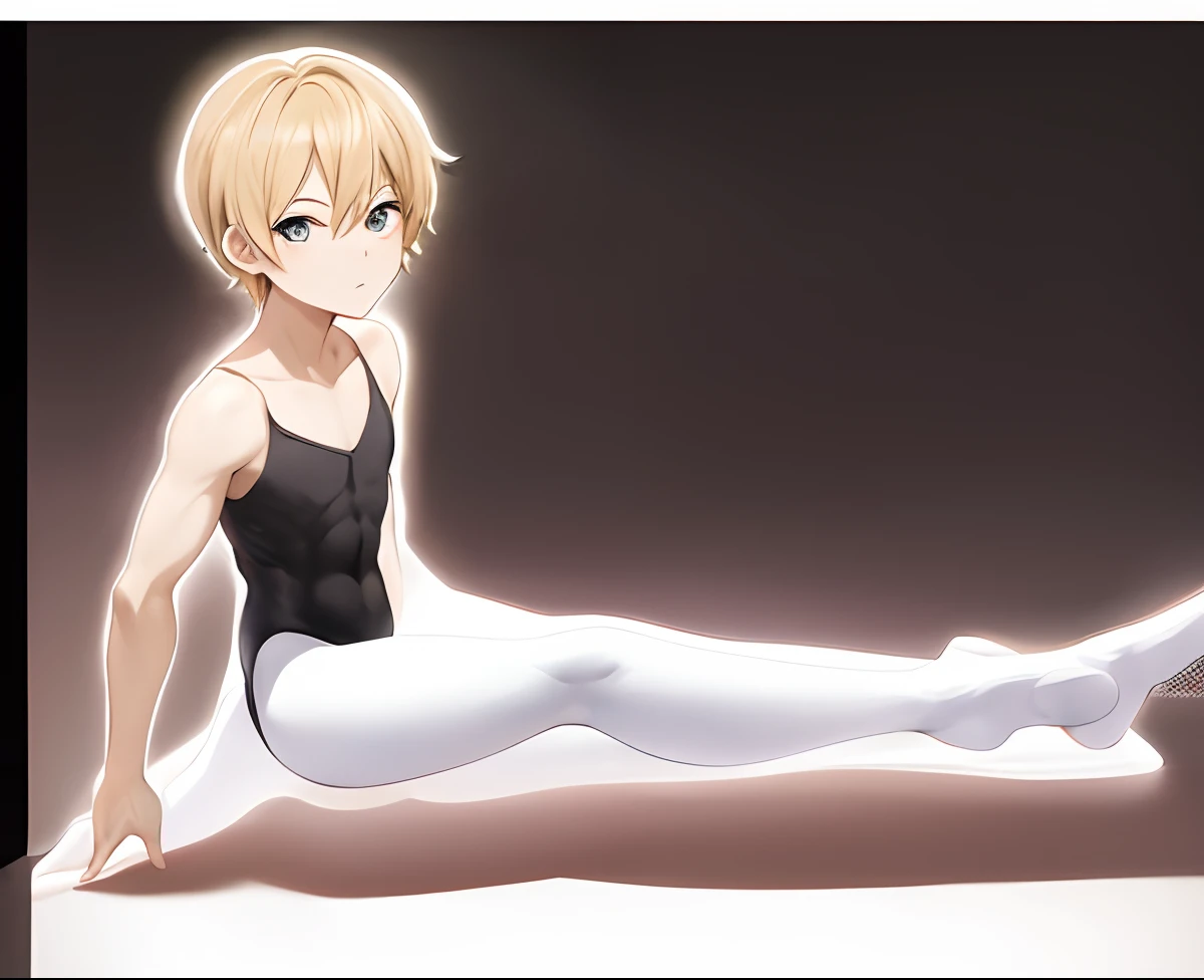 Anime boy in black leotard sitting on floor, Anime boy in white tights sitting on the floor, Anime boy with blonde tied hair, Strongest Pose, elegant floating pose, wearing leotard, dramatic floating pose, anime pose, relaxed poses, Cool pose, Leotard, strong pose, doing an elegant pose, pretty face with arms and legs, fully body pose, neutral pose, doing an elegant pose over you