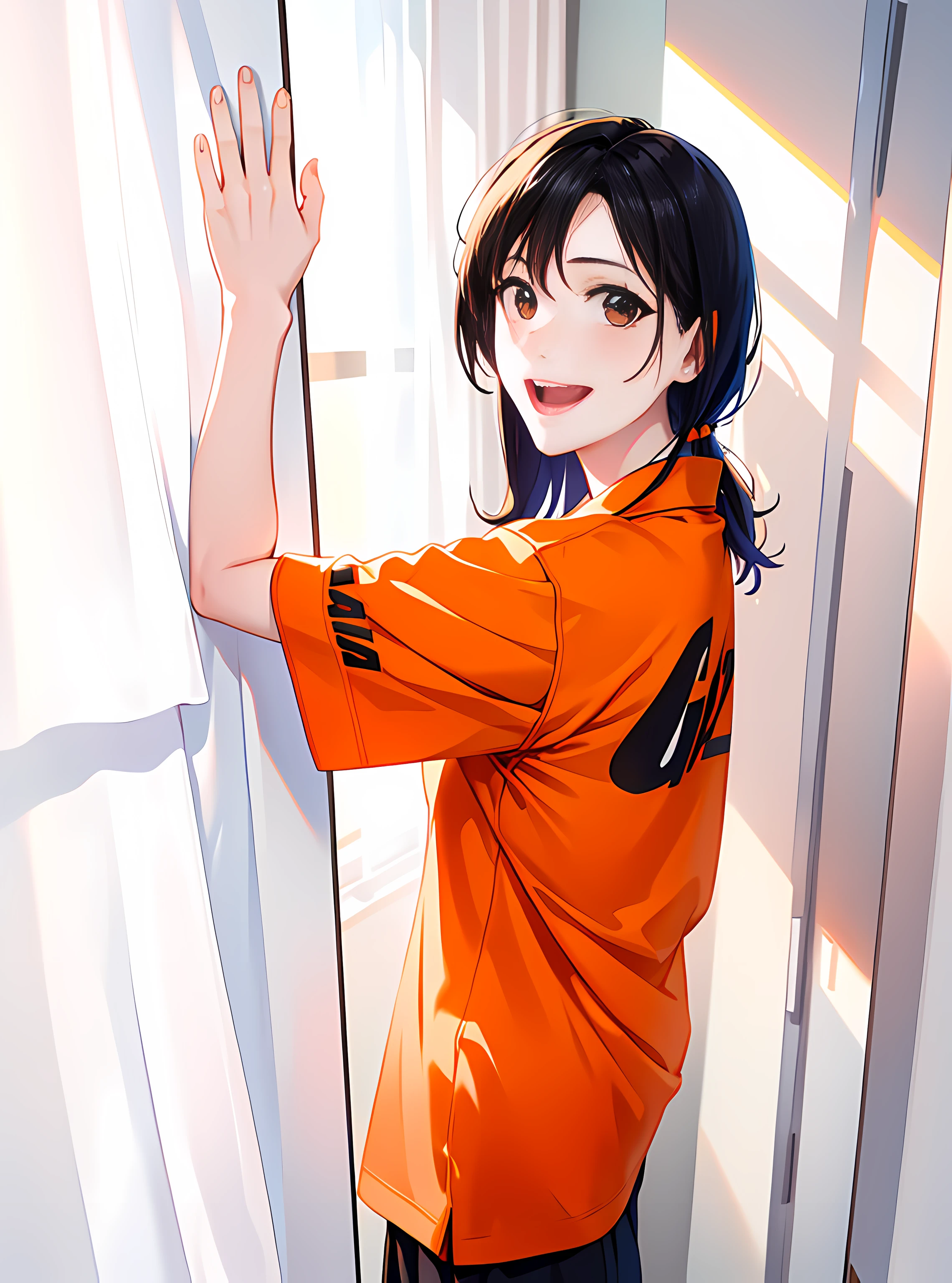 masuter piece, 独奏, Turn around、facing back、Beautiful woman looking back、Orange Polo Shirt, Beautiful girl with a refreshing smile, Orange Polo Shirt, Beautiful sunlight, Fine expression, dynamic ungle, Beautuful Women, blanche、Flat background,animesque、Black letters on orange polo shirt