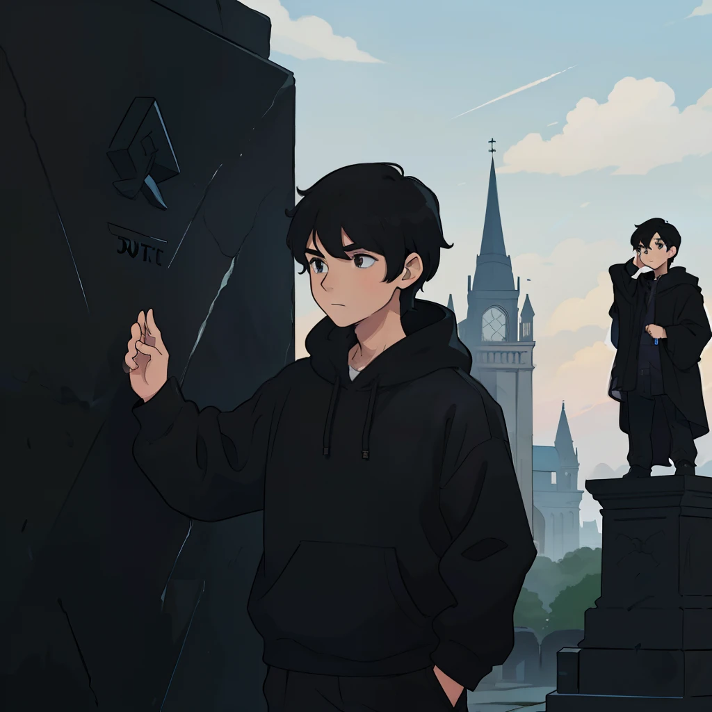 best qualityer，One was wearing a black sweatshirt，Boy with short black hair，Extend your right hand，Touch the huge stone monument in front of you
