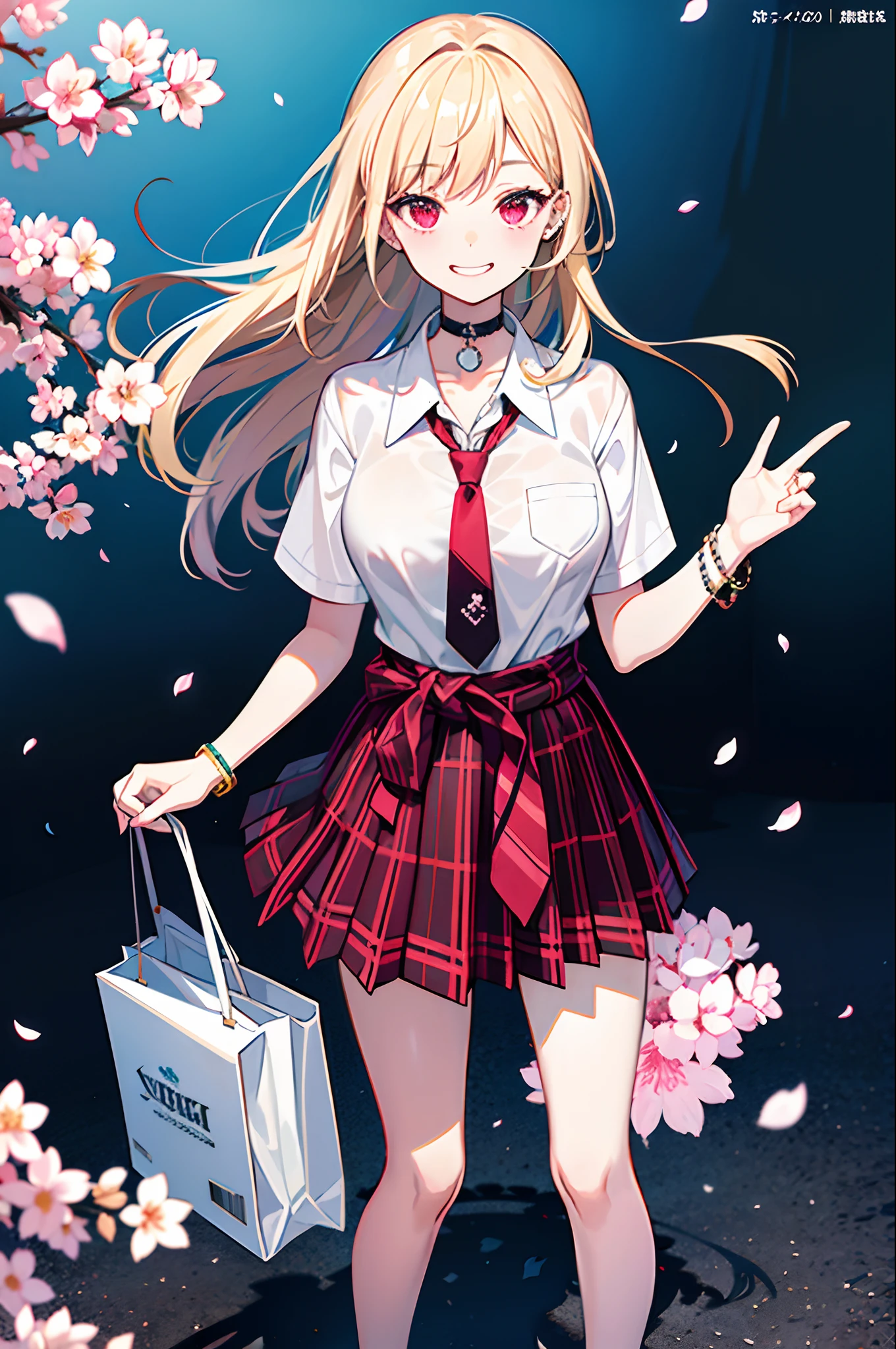 masterpiece, best quality,  full body,
1girl, bangs, black choker, black necktie, blonde hair, blue skirt, blush, bracelet, breasts, choker, clothes around waist, collarbone, collared shirt, cowboy shot, dress shirt, ear piercing, eyebrows visible through hair, gradient hair, grin, gyaru, jewelry, kogal, long hair, looking at viewer, loose necktie, necktie, piercing, plaid, plaid skirt, pleated skirt, red eyes, ring, school uniform, shirt, skirt, smile, solo, white shirt,
street, sky, cherry blossoms, petals,illustration, (magazine:1.3), (cover-style:1.3), fashionable, woman, vibrant, outfit, posing, front, colorful, dynamic, background,  elements, confident, expression, holding, statement, accessory, majestic, coiled, around, touch, scene, text, cover, bold, attention-grabbing, title, stylish, font, catchy, headline, larger, striking, modern, trendy, focus, fashion,