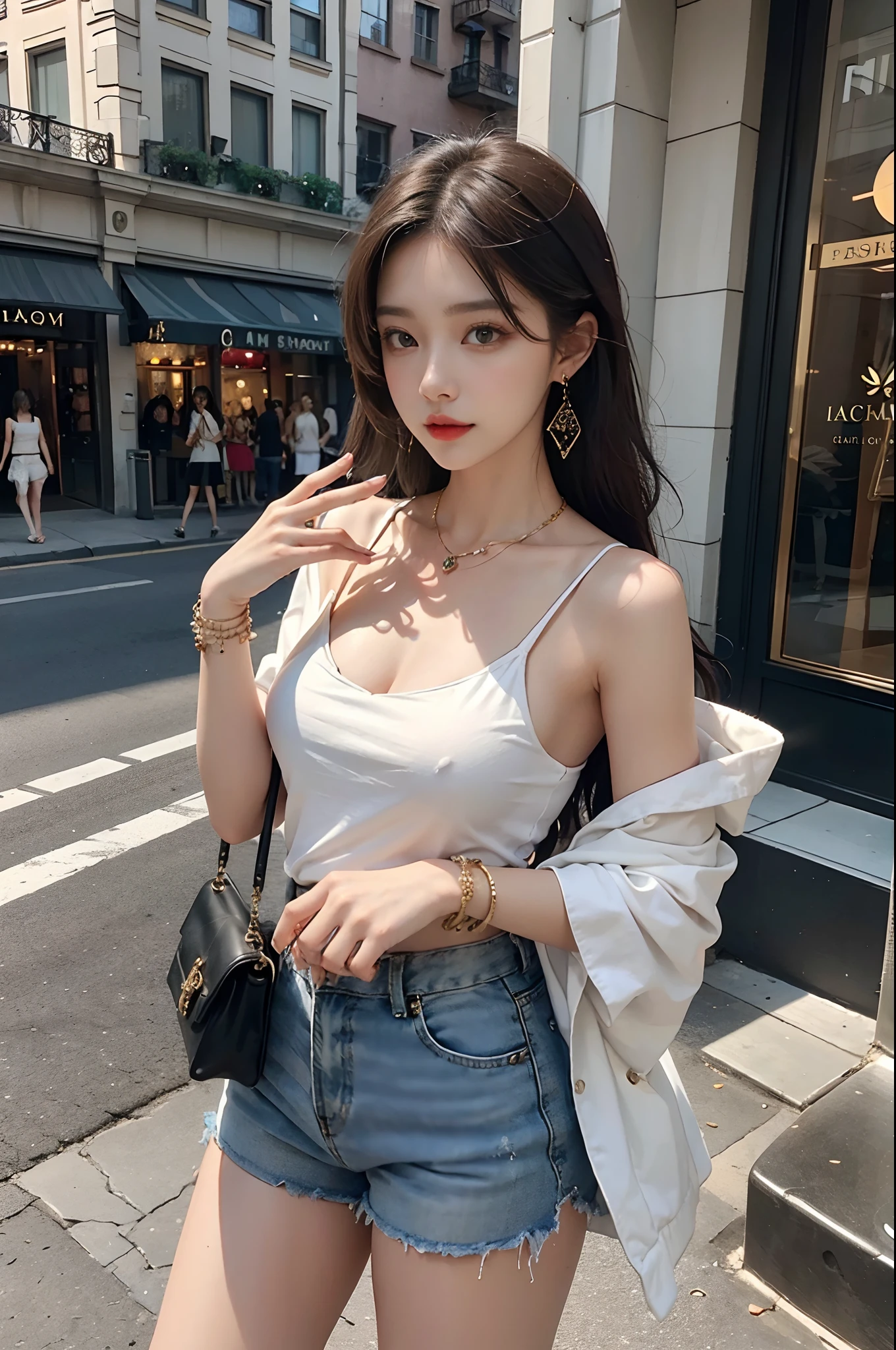 Beutiful women,street corner,Fashion shorts,Luxury magic mirror,Stylish shoulder bag,Delicate bracelet,Gorgeous earrings,Glamorous necklace