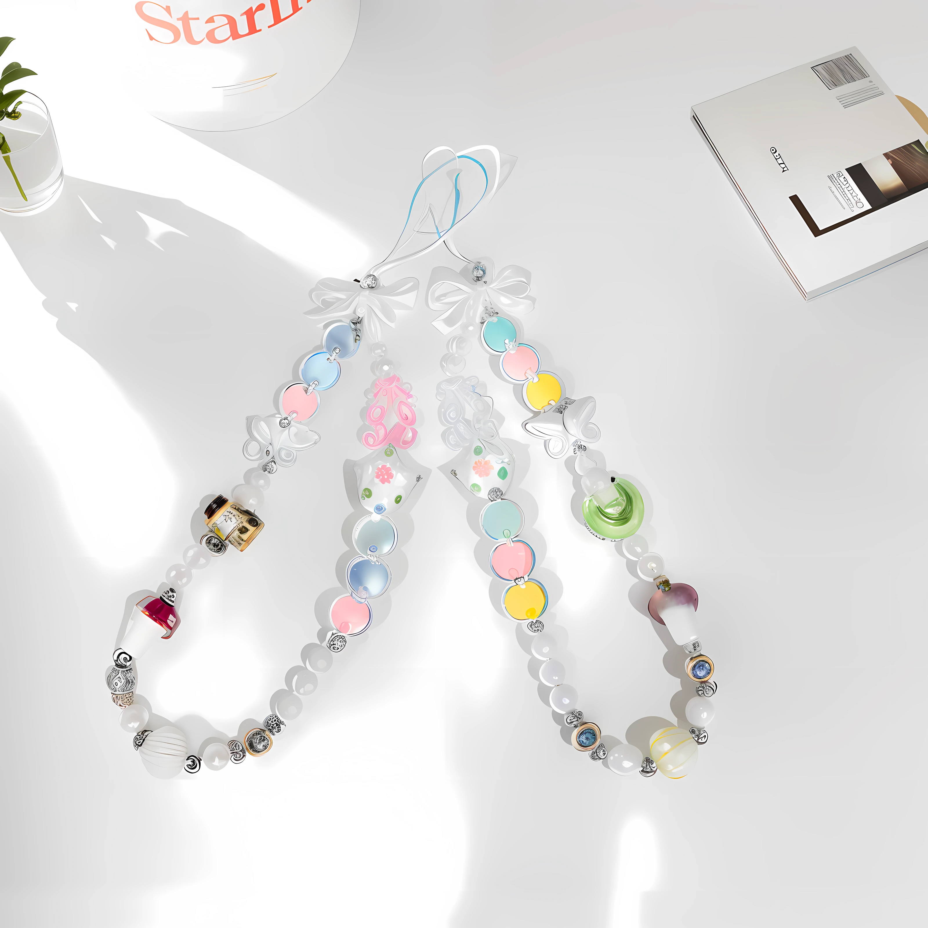 White table,There is above(A string of beads),A bottle of water and a cup，Magazine books，pearlescent white，Bright white environment background，Smooth translucent white skin，abstract white fluid，Chiaroscuro, hyper HD, Best quality, High details