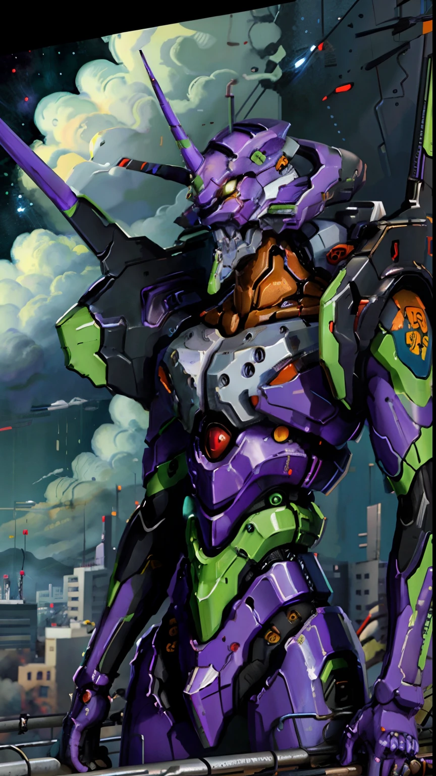 (eva 01), evagod, evangelion mecha, science fiction, looking at viewer, (official art, Best quality, masterpiece:1.2), illustration, high res, beautiful abstract background, Futurism, cyberpunk, intense angle,