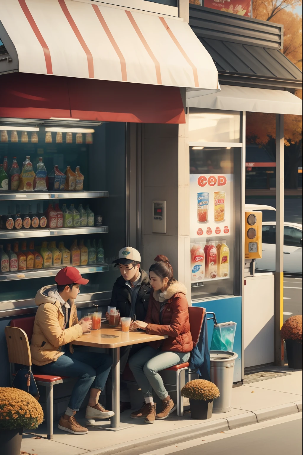 In front of the convenience store,Customers sit at tables and drink drinks,The background is a convenience store,autumnal,Top-down oversight