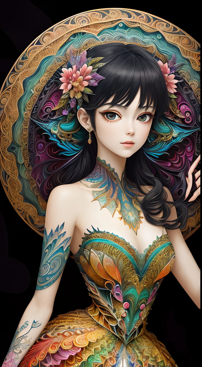 (masterpiece, top quality, best quality, official art, beautiful and aesthetic:1.2), (1girl:1.3), extremely detailed,(fractal art:1.2),colorful,highest detailed,(zentangle:1.2), (dynamic pose), (abstract background:1.5), (treditional dress:1.2), (shiny skin), (many colors:1.4), upper body, masterpiece, best quality,high quality,highres, 16K,RAW,ultra highres,ultra details,finely detail,an extremely delicate and beautiful,extremely detailed,real shadow, anime,highly detailed painted,award winning glamour paintting,wonderful paintting,art style,stylized,