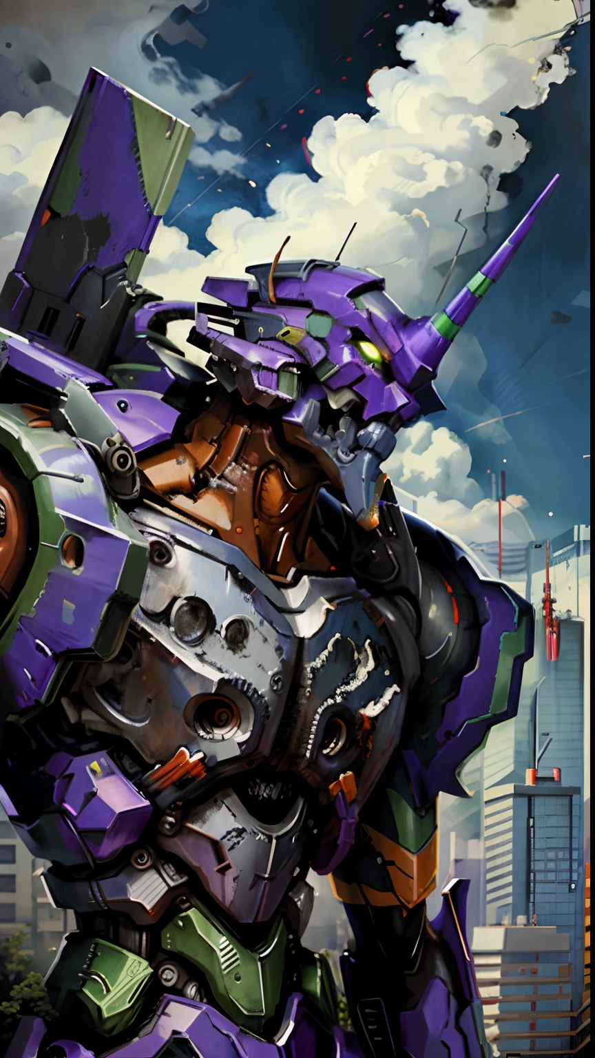 (eva 01), evagod, evangelion mecha, science fiction, looking at viewer, (official art, Best quality, masterpiece:1.2), illustration, high res, beautiful abstract background, Futurism, cyberpunk, intense angle,