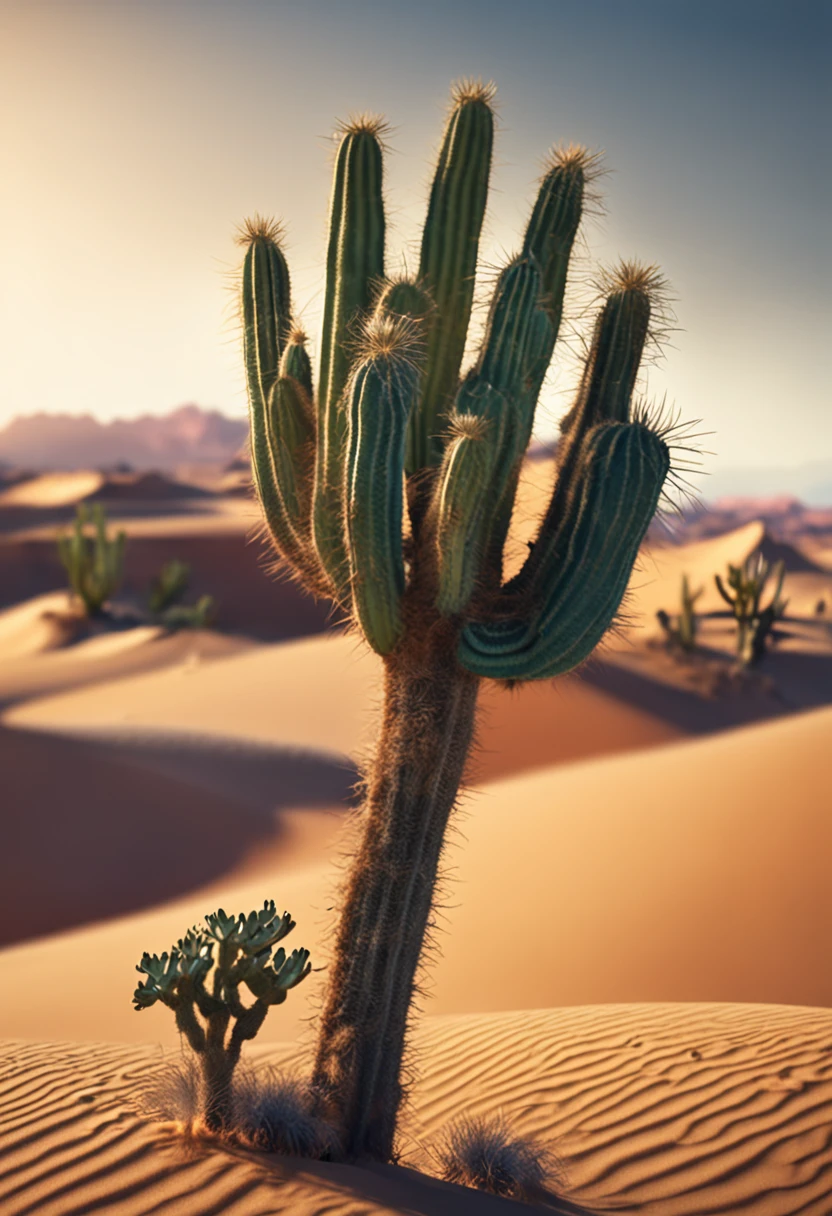 Endless desert、sand dune、Walking camel parade，Tenacious cactus，Close-up Shot Shot，Desert oasis，It represents the eternity of life，Concept art wallpaper 8K, detailed 8k concept art, of the highest quality，Super detailed，