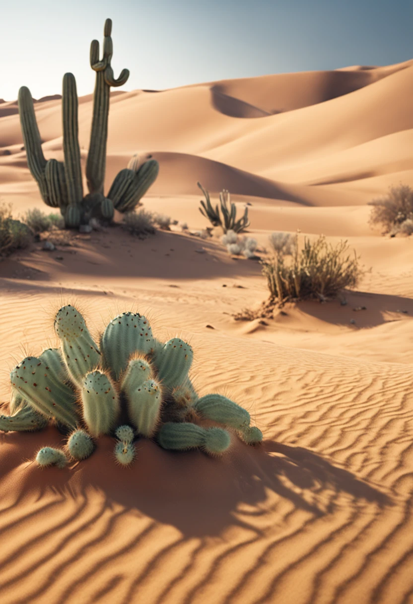 Endless desert、sand dune、Walking camel parade,Tenacious cactus,Close-up Shot Shot,Desert oasis,It represents the eternity of life,Concept art wallpaper 8K, detailed 8k concept art, of the highest quality,Super detailed,