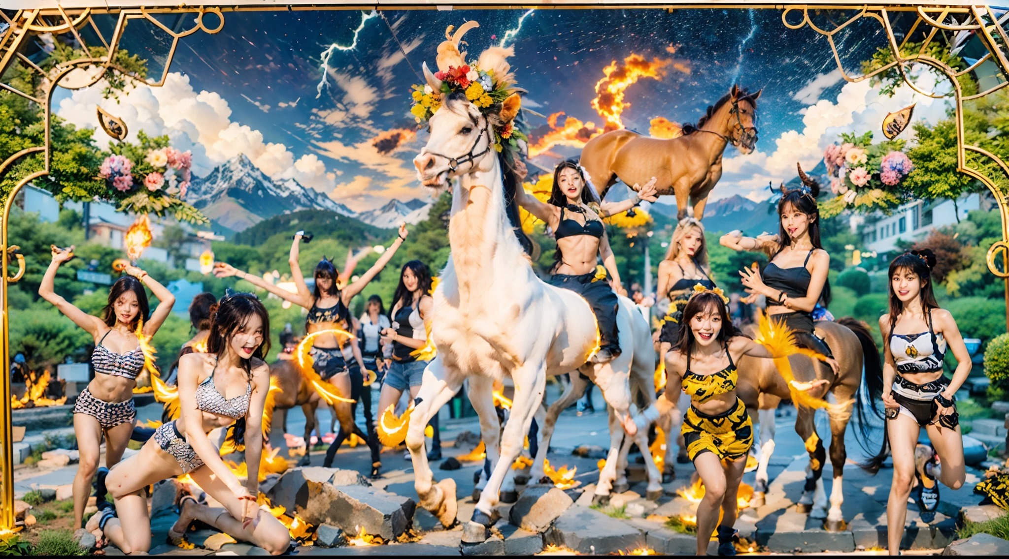 In the beautiful illustration of this super-grand scene，The ultra-distant shot shows eight unique centaur characters，They all have their own characteristics，Vivid and interesting。Radiant angelic centaurs from the heavenly realm，To the hellish centaurs surrounded by nightmarish flames，And then to the Wind Immortal Centaur dancing in the air，There are also one-horned centaurs surrounded by thunder and lightning，and mechanical centaurs that shine with metallic light，And then to the powerful dragon centaur with colored dragon scales covering the whole body，The elegant and agile elf centaur always wears a flower crown with its slender and graceful lines，Enchanting and charming Tiflin centaurs。Each character has their own unique charms and abilities。The illustration uses advanced artistic techniques and tools，Divide the scene into sections by geometric arrangement，Each section corresponds to a centaur character，This makes more efficient use of space。Through Midjourney's advanced brush tools、Color palette、Material packs and model packs，Exquisite costumes and equipment are designed for each centaur，Enhances the character's personality and visual appeal。The scenery in the illustrations is stunning，There are changing skies、rainbowing、extreme light、Stars and Moon。Incorporating iconic landmarks such as Mount Everest，and fireworks、tranquil lake、Natural and urban elements of waves and neon lights，Creates a magical atmosphere。The centaurs showed off their skills and equipment in a variety of environments，This is true even in extreme alien landscapes。Midjourney's tools make depicting details vivid and realistic，From intricate hairstyles and clothing to authentic textures，Enhances the realism of the characters and surroundings。The fusion of multiple art styles adds movement to the centaur's movement at all angles，The overall visual experience is further enriched。The final illustration was described as a "masterpiece"，It has the characteristics of "best quality" and "realistic"，The d