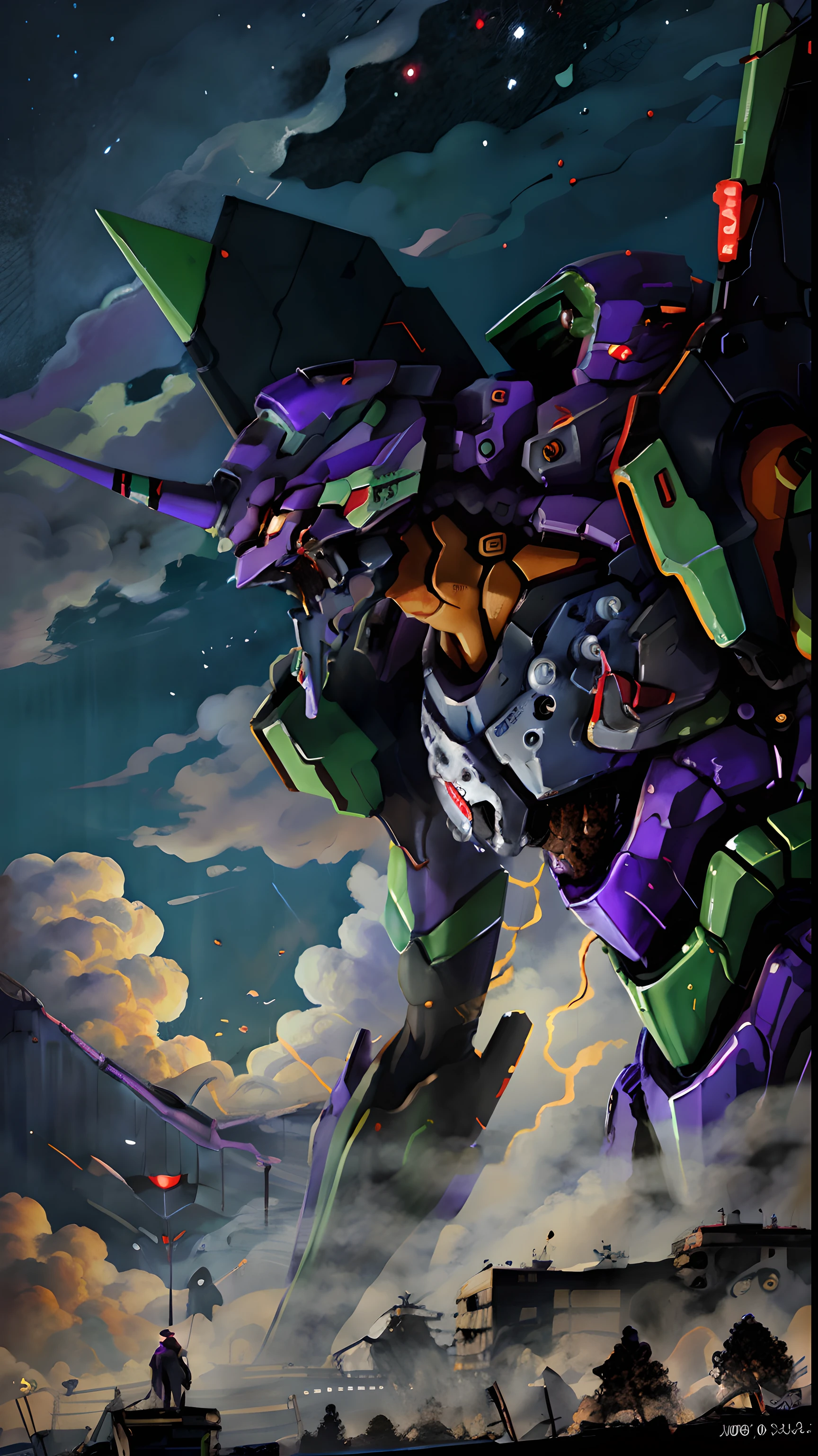 (eva 01), evagod, evangelion mecha, science fiction, looking at viewer, (official art, Best quality, masterpiece:1.2), illustration, high res, beautiful abstract background, Futurism, cyberpunk, intense angle,