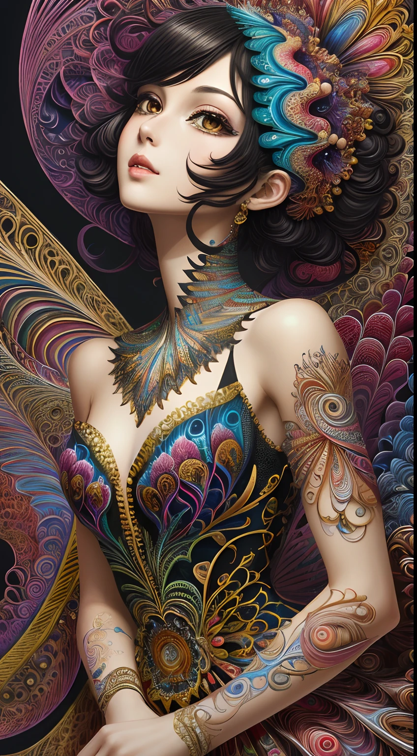 (masterpiece, top quality, best quality, official art, beautiful and aesthetic:1.2), (1girl:1.3), extremely detailed,(fractal art:1.2),colorful,highest detailed,(zentangle:1.2), (dynamic pose), (abstract background:1.5), (treditional dress:1.2), (shiny skin), (many colors:1.4), upper body, masterpiece, best quality,high quality,highres, 16K,RAW,ultra highres,ultra details,finely detail,an extremely delicate and beautiful,extremely detailed,real shadow, anime,highly detailed painted,award winning glamour paintting,wonderful paintting,art style,stylized,