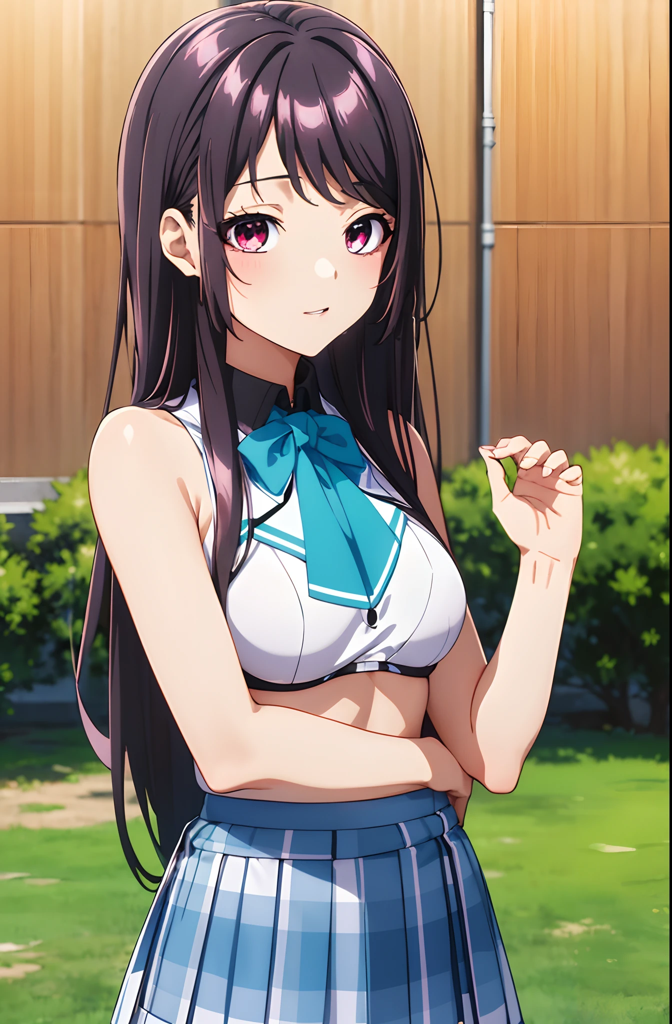 KaoriHojo, GIRL, (Masterpiece: 1.1), (Best Quality: 1.1), Upper Body Bikini, (White Bikini: 1.1), (Plaid Skirt: 1.1), High Waist Skirt, Blake [Green Grass: Pink, :0.5] Themed, (Urban Background: 1.1), Denim Lenses, Blake Silver, Long, Green Eye, Landscape,