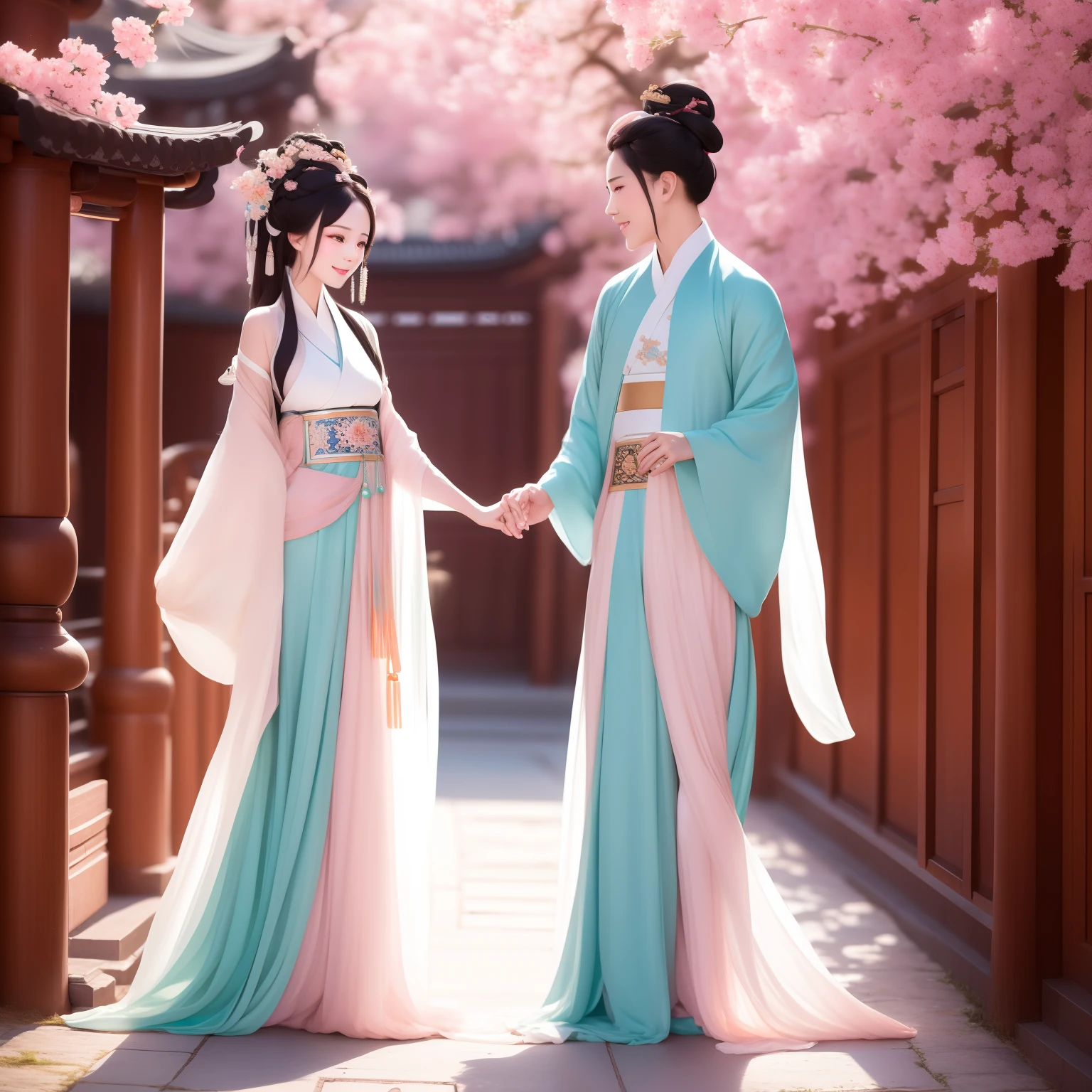 A graceful prince held hands and a magnificent princess strolled through the streets of Chang'an in the Tang Dynasty，Look at each other and laugh，ssmile，Smile，SakuraNS，springtime，8K，A high resolution，