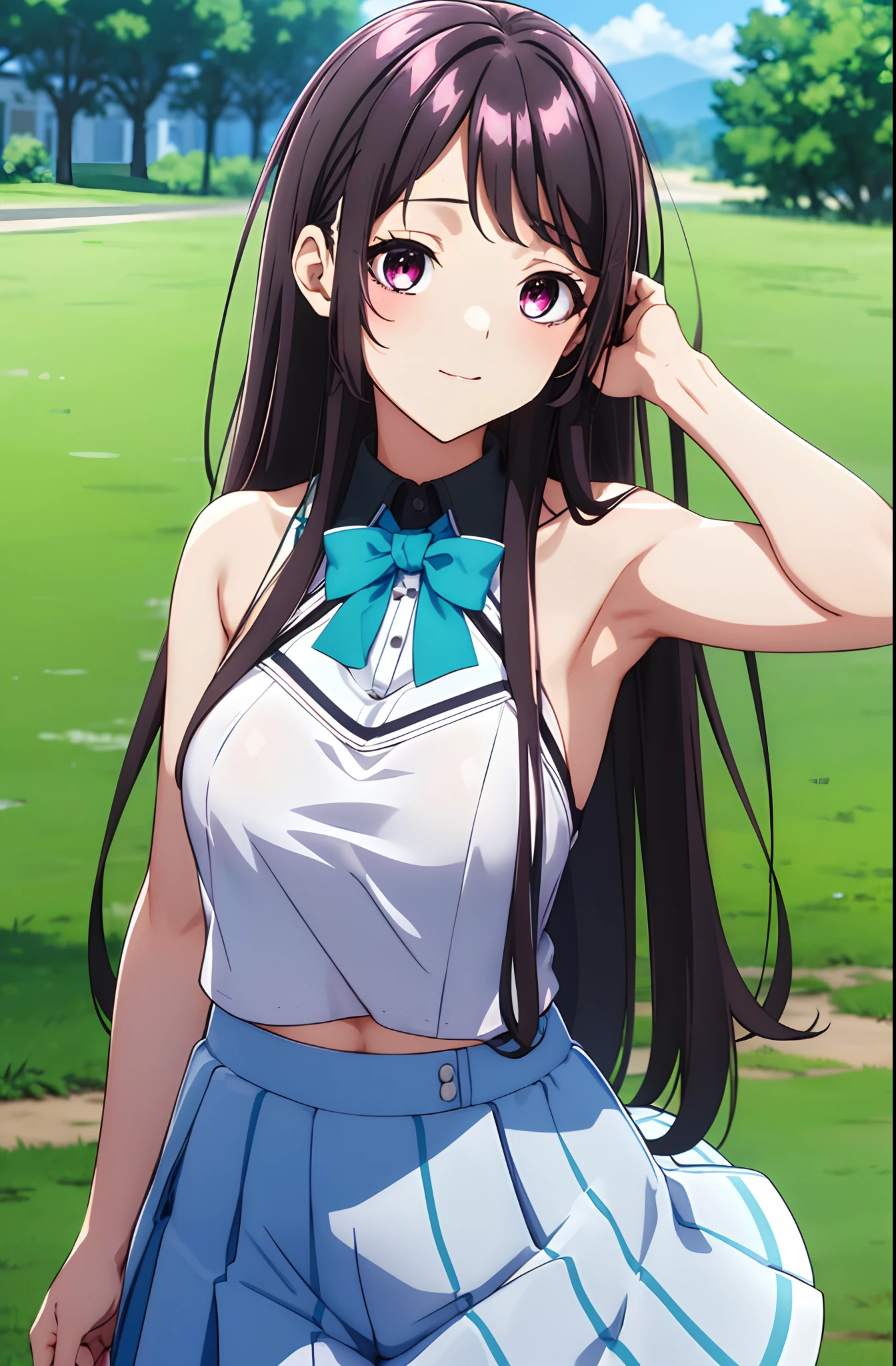 KaoriHojo, GIRL, (Masterpiece: 1.1), (Best Quality: 1.1), Upper Body Bikini, (White Bikini: 1.1), (Plaid Skirt: 1.1), High Waist Skirt, Blake [Green Grass: Pink, :0.5] Themed, (Urban Background: 1.1), Denim Lenses, Blake Silver, Long, Green Eye, Landscape,