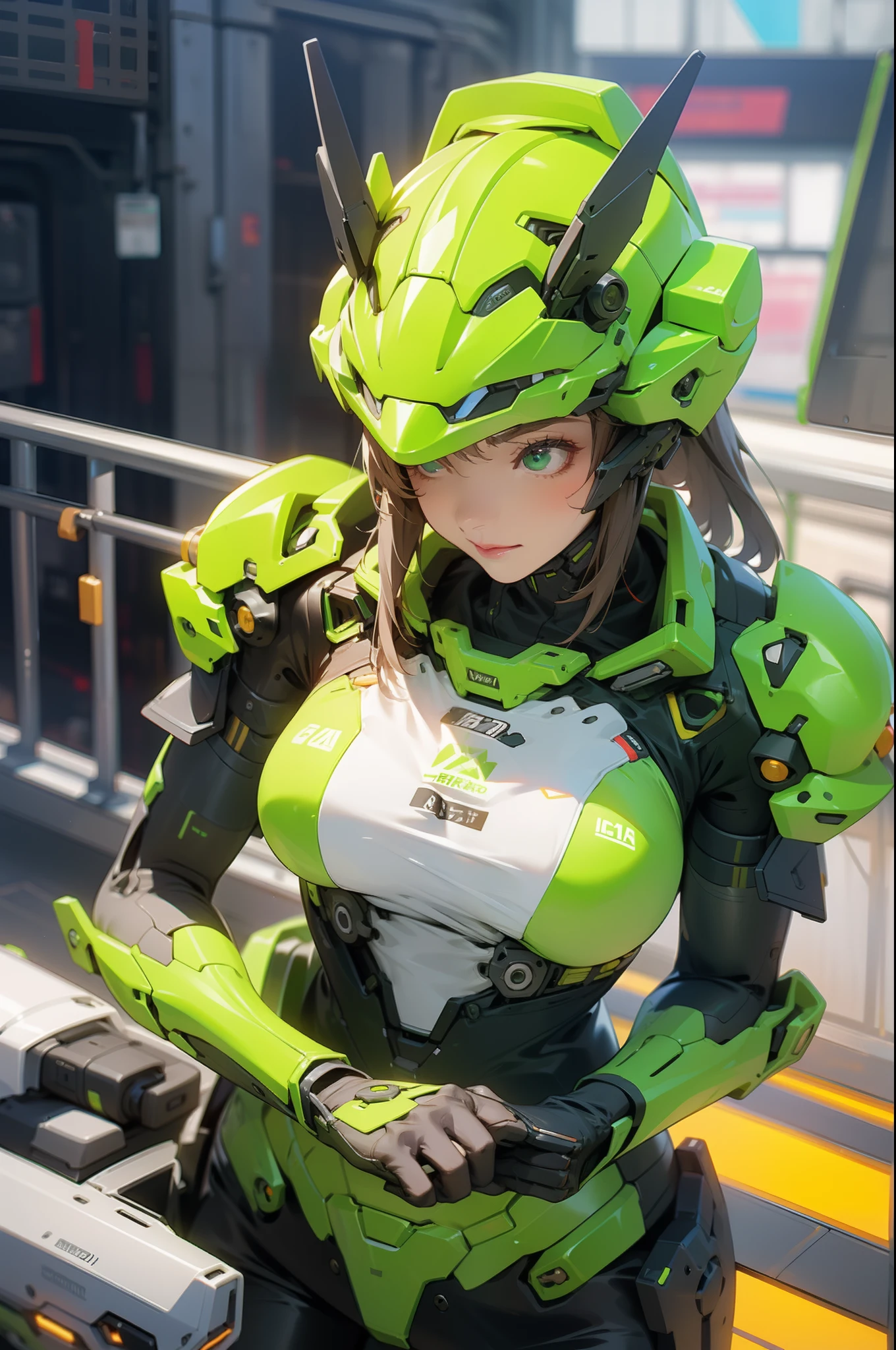 Highest image quality, outstanding details, ultra-high resolution, (realism: 1.4), the best illustration, favor details, highly condensed 1girl, with a delicate and beautiful face, dressed in a black and green mecha, wearing a mecha helmet, holding a directional controller, riding on a motorcycle, the background is a high-tech lighting scene of the future city.
