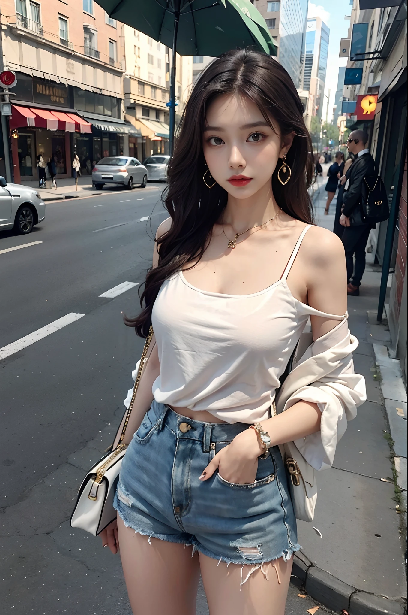 Beutiful women,street corner,Fashion shorts,Luxury magic mirror,Stylish shoulder bag,Delicate bracelet,Gorgeous earrings,Glamorous necklace