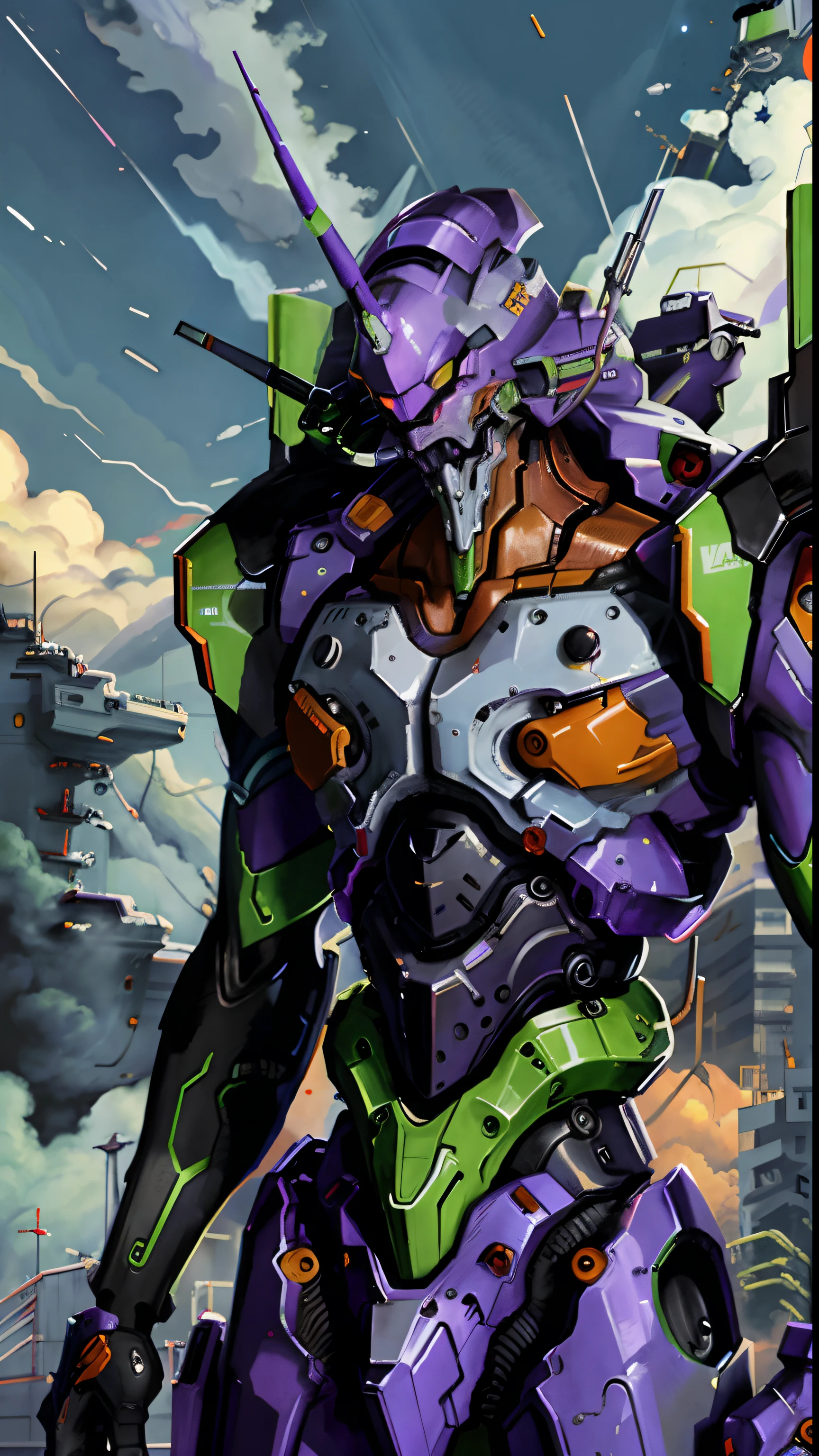 (eva 01), evagod, evangelion mecha, science fiction, looking at viewer, (official art, Best quality, masterpiece:1.2), illustration, high res, beautiful abstract background, Futurism, cyberpunk, intense angle,