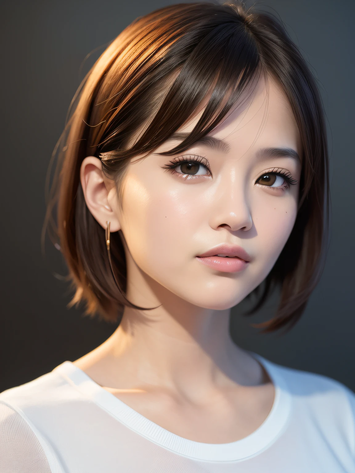 arafed woman with a plain white shirt, close up, facing camera looking at the viewer, a photorealistic painting inspired by Yanjun Cheng, trending on cg society, realism, soft portrait shot 8 k, girl cute-fine-face, with short hair, portrait cute-fine-face, kawaii realistic portrait, 8k portrait render, young cute wan asian face, realistic. cheng yi