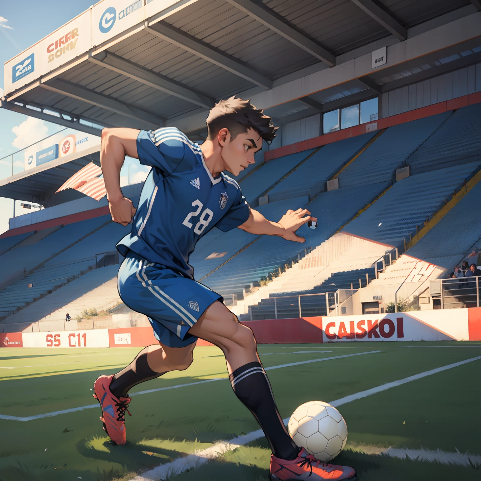A man is playing football,soccer court