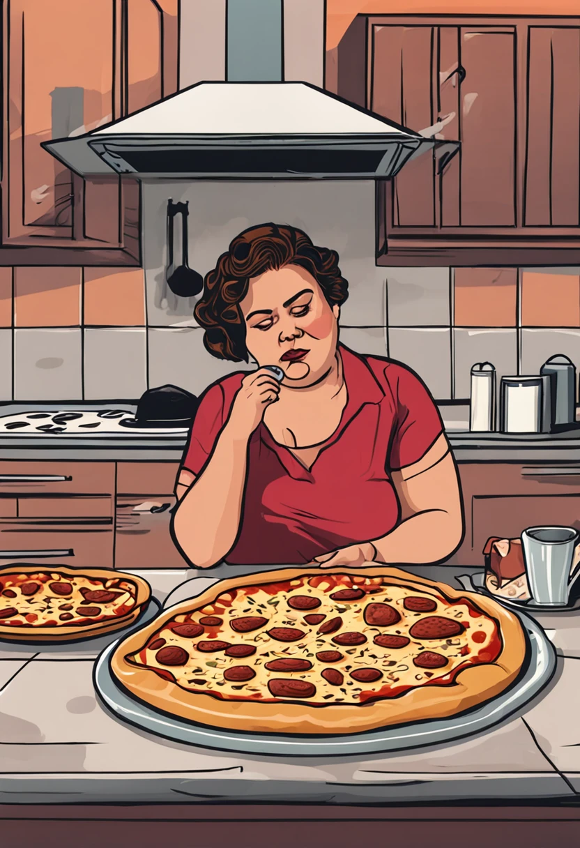 an obese woman sitting on the kitchen floor, cercado de comida, comendo uma fatia de pizza, com um olhar triste no rosto