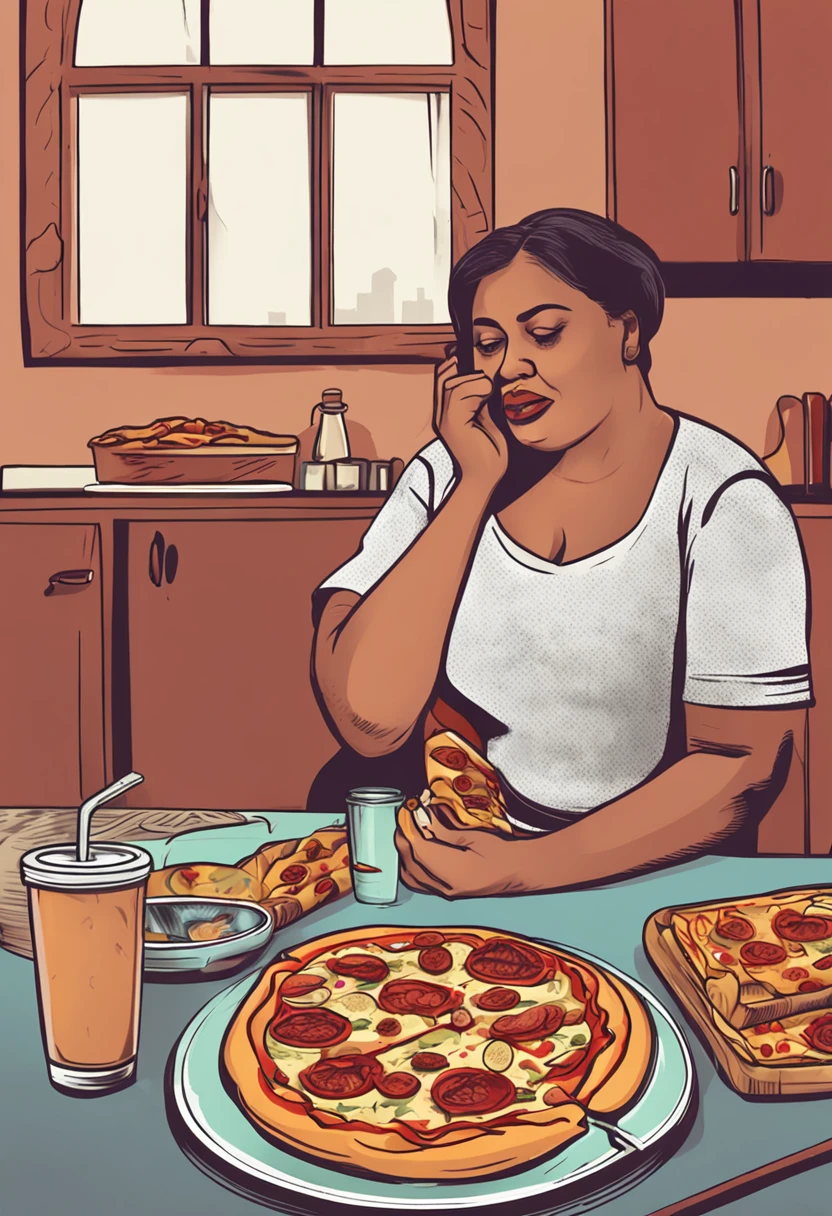 an obese woman sitting on the kitchen floor, cercado de comida, comendo uma fatia de pizza, com um olhar triste no rosto