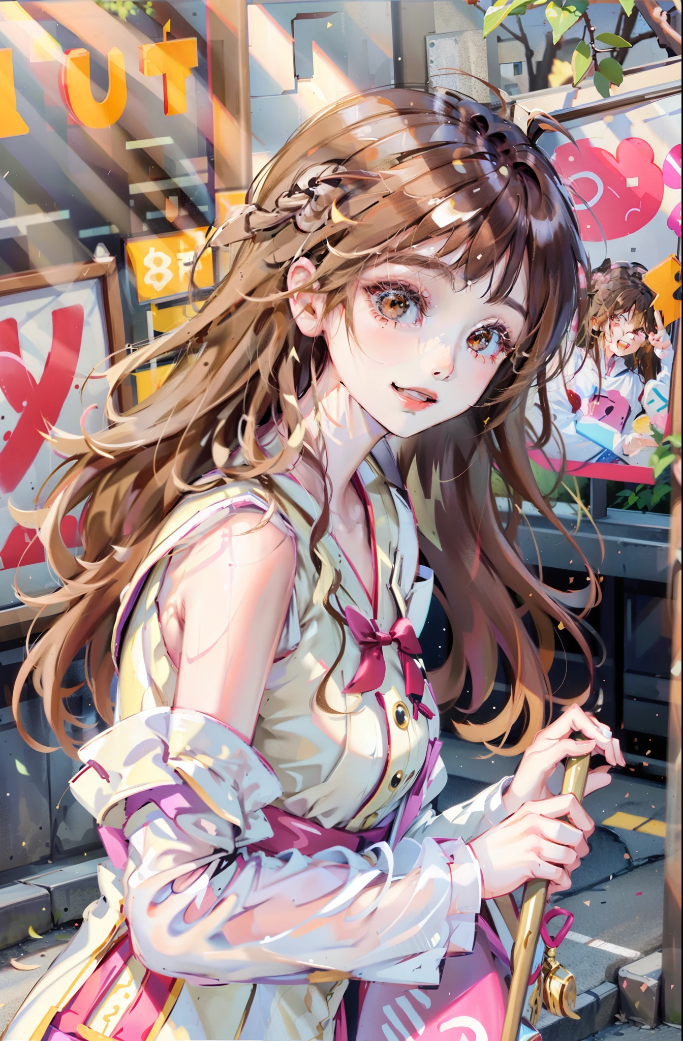 A beautiful girl,Very happy,RAW photos,8K,HighestQuali, 超高分辨率,Beautiful face details,Real human skin,up front view,long whitr hair,realisticlying,realisticlying,adolable,Upper body sunshine child,Smile at me,Brown hair long,Slightly yellowish,Hair flowing loosely,Wear a pink T-shirt,Cute