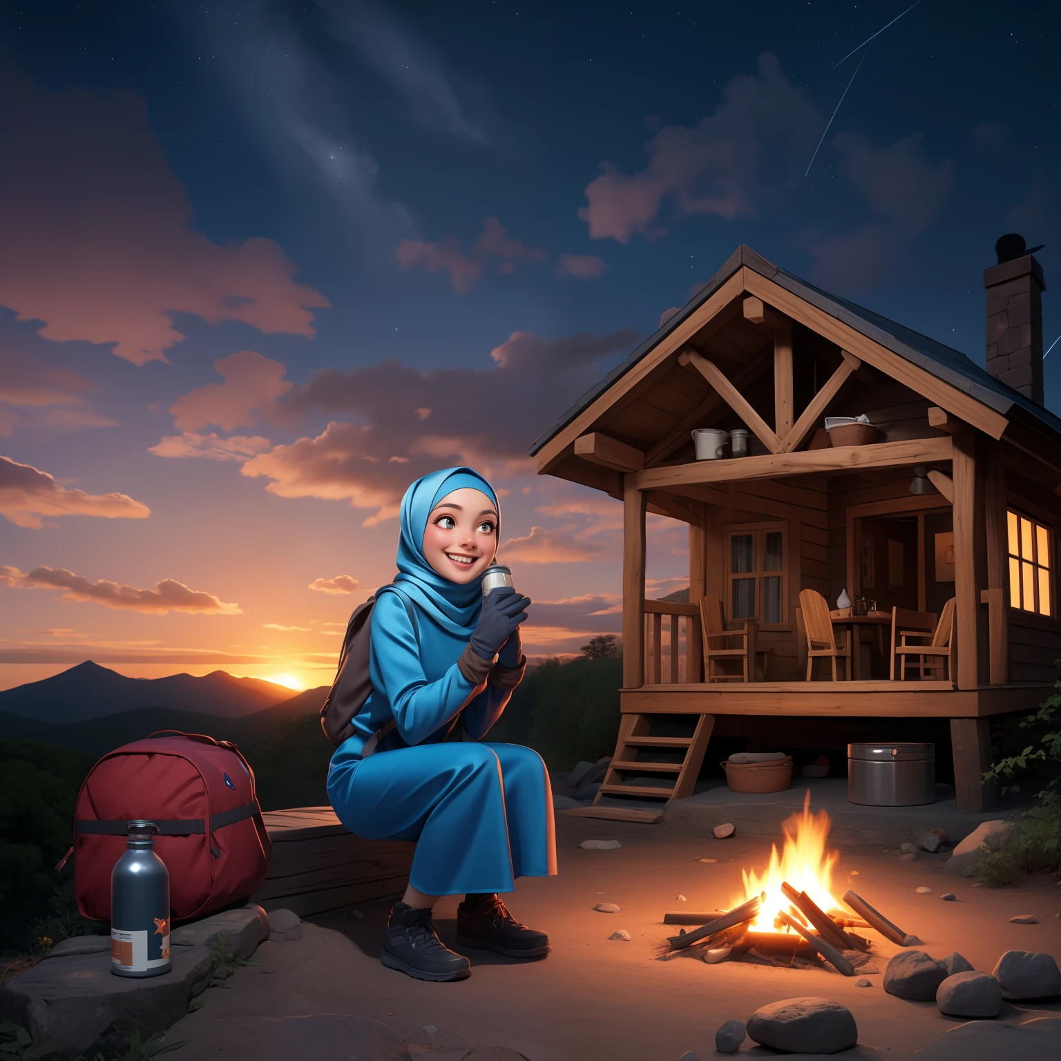 1 woman, ((blue satin hijab)), long track skirt, cold blouse ((full body, crouching, smiling, happy)), masterpiece, best quality, perfect eyes, perfect hands, perfect legs, ultra-detailed, solo, outdoor, (sunset), mountains, nature, (stars, cloud) cheerful, happy, backpack, sleeping bag, camping stove, water bottle, tennis, gloves, flashlight, forest, stones, river, wood, smoke, shadows, contrast, style, (warm hue, warm tone: 1.2), cinematic light, side lighting, ultra high resolution, best shade, RAW, wooden house, campfire