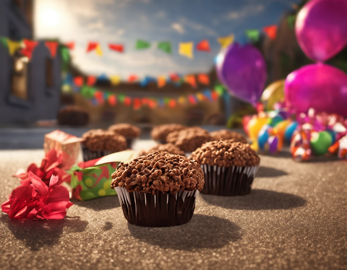 um prato de festa com 5 brigadeiros, Vista lateral, fotorrealista, hiperdetalhado, intrincado, foco nítido, authentic with good lighting,