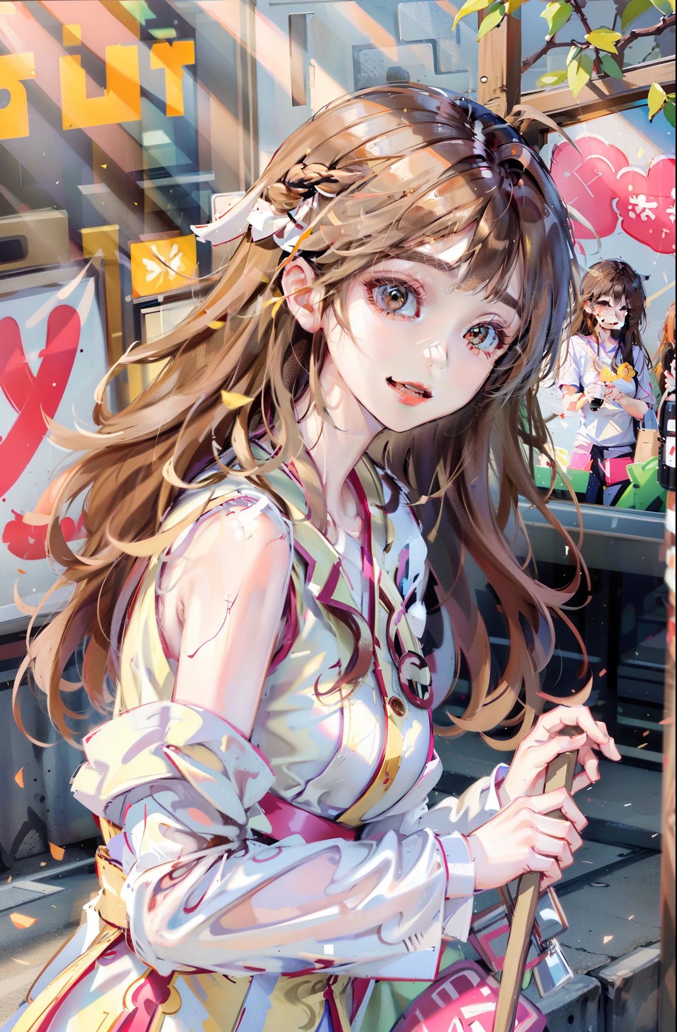A beautiful girl，Very happy，RAW photos，8K，HighestQuali， 超高分辨率，Beautiful face details，Real human skin，up front view，long whitr hair，realisticlying，realisticlying，adolable，Upper body sunshine child，Smile at me，Brown hair long，Slightly yellowish，Hair flowing loosely，Wear a pink T-shirt，Cute