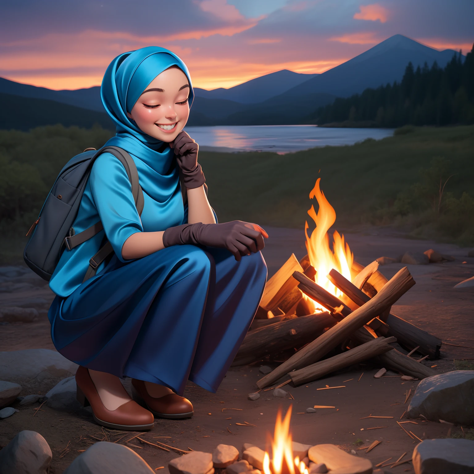 1 woman, ((blue satin hijab)), long track skirt, cold blouse ((full body, crouching, smiling, happy)), masterpiece, best quality, perfect eyes, perfect hands, perfect legs, ultra-detailed, solo, outdoor, (sunset), mountains, nature, (stars, cloud) cheerful, happy, backpack, sleeping bag, camping stove, water bottle, tennis, gloves, flashlight, forest, stones, river, wood, smoke, shadows, contrast, style, (warm hue, warm tone: 1.2), cinematic light, side lighting, ultra high resolution, best shade, RAW, wooden house, campfire