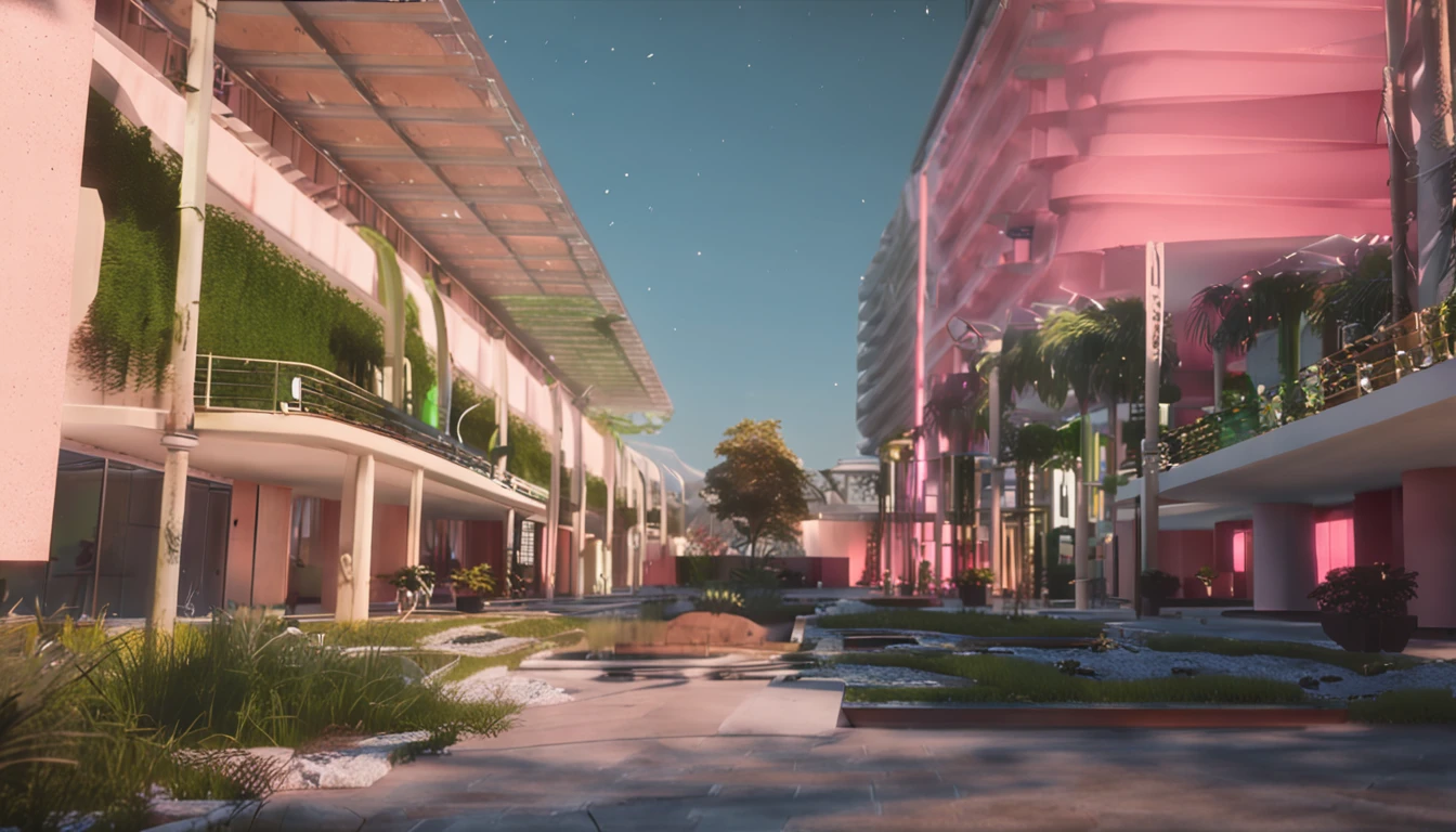 Inside the uninhabited mall,Lots of shelves,The ground is a lawn,low perspective,There is a lot of grass growing on the ground
