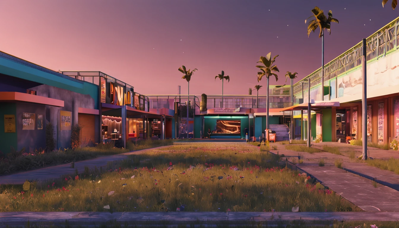Inside the uninhabited mall,Lots of shelves,The ground is a lawn,low perspective,There is a lot of grass growing on the ground