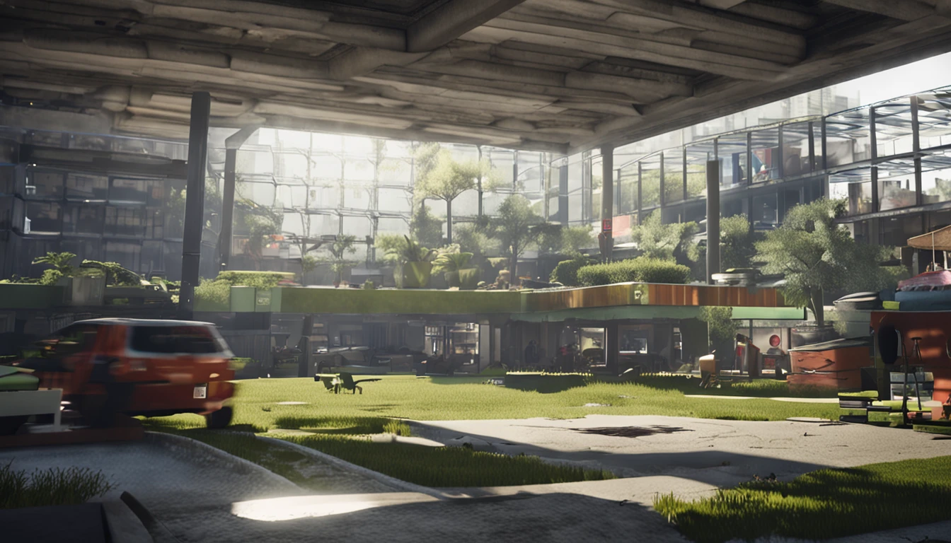 Inside the uninhabited mall,Lots of shelves,The ground is a lawn,low perspective,There is a lot of grass growing on the ground