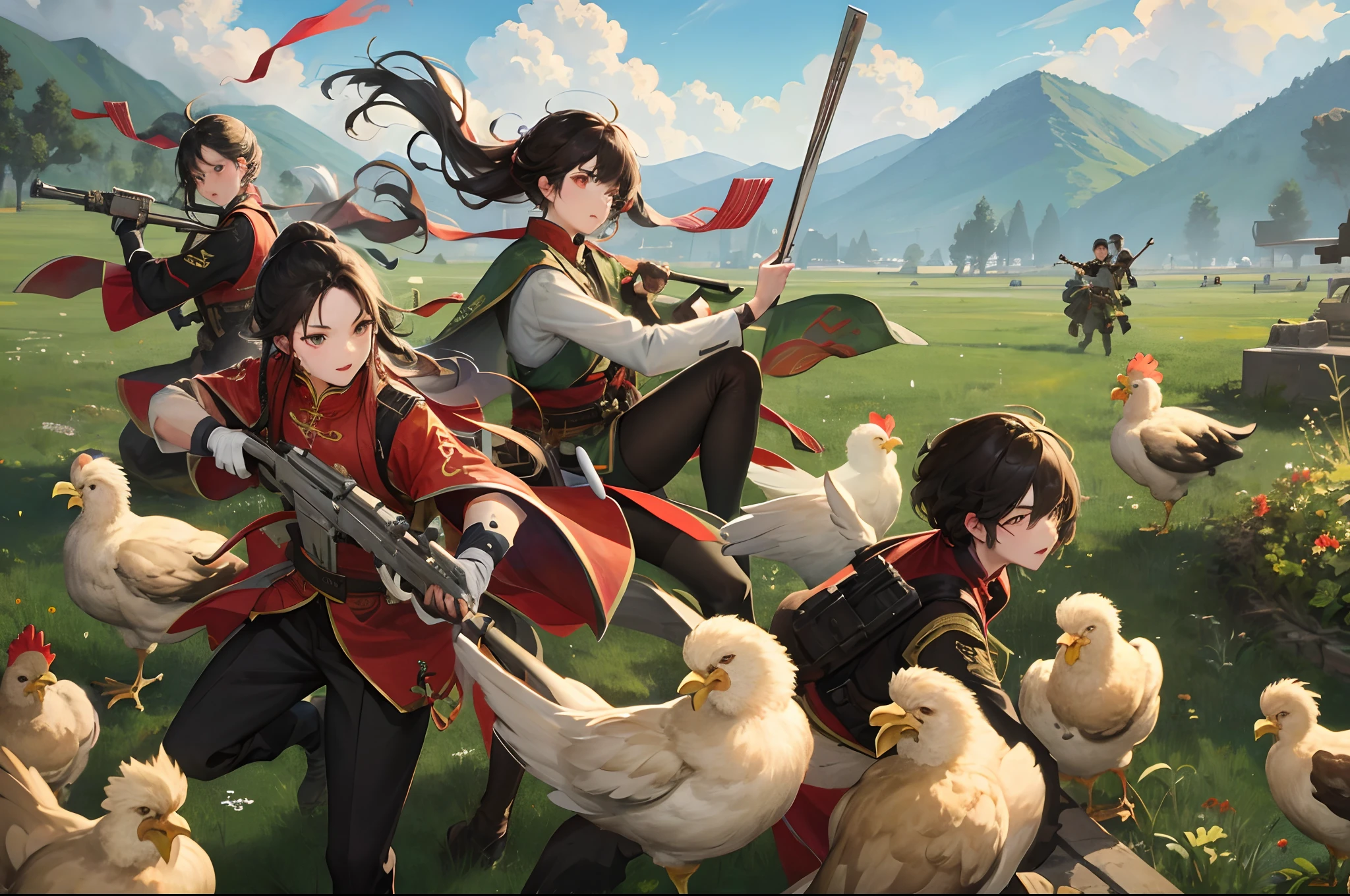 Ancient Chinese battlefield soldiers holding chicken guns