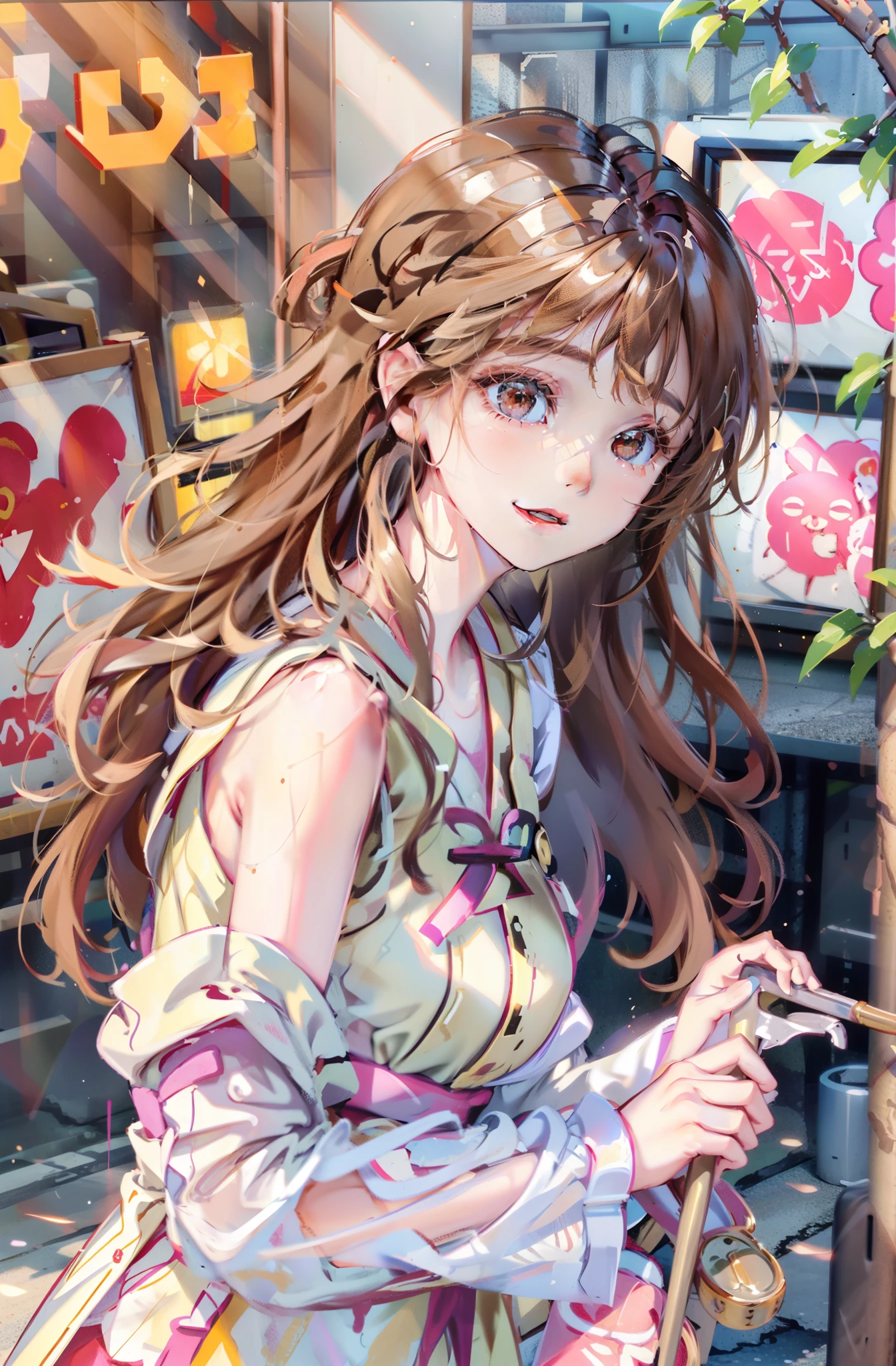 A beautiful girl，Very happy，RAW photos，8K，HighestQuali， 超高分辨率，Beautiful face details，Real human skin，up front view，long whitr hair，realisticlying，realisticlying，adolable，Upper body sunshine child，Smile at me，Brown hair long，Slightly yellowish，Hair is loose and flowing，Wear a pink T-shirt，Cute
