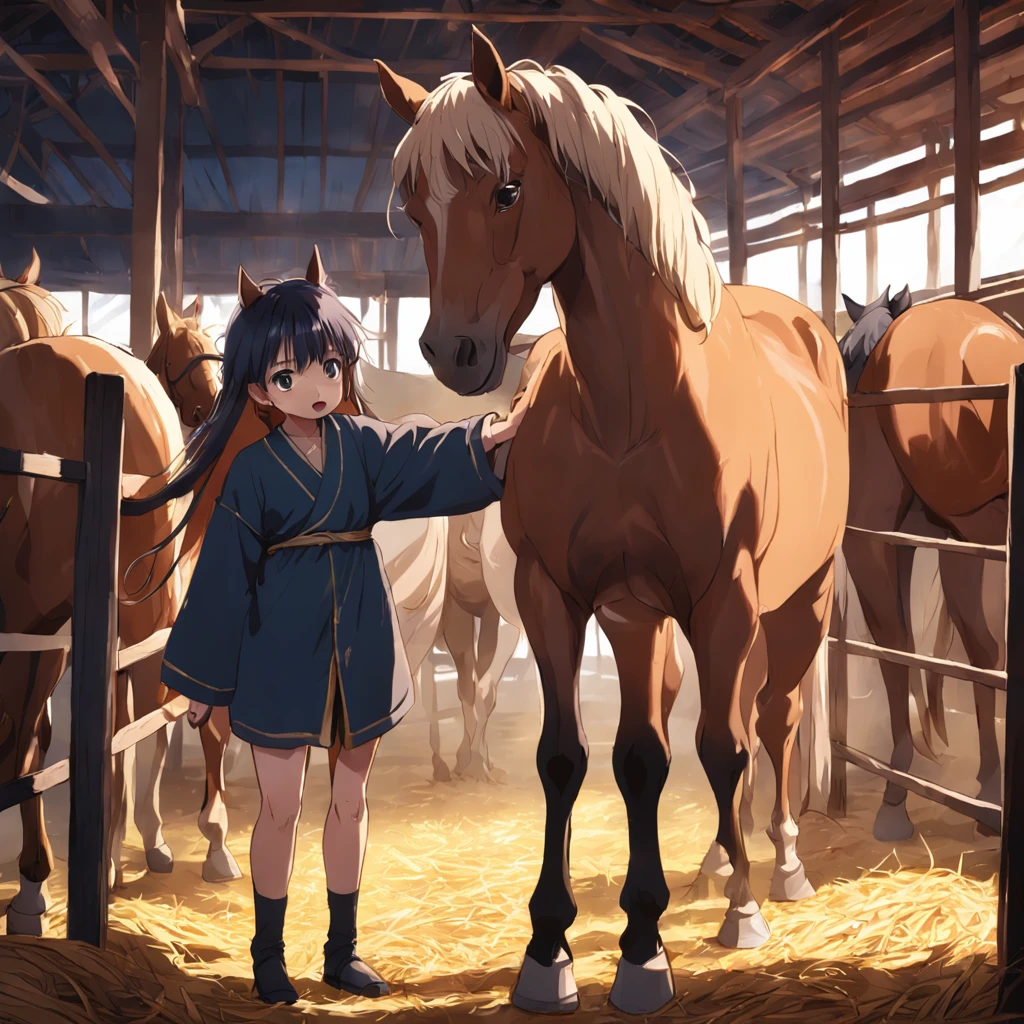 A horse in the stable。There was a man next to him holding the hay