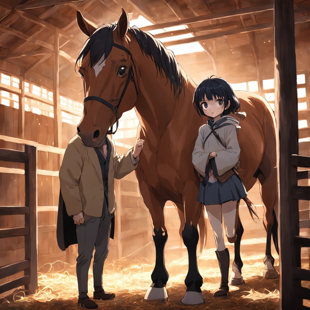 A horse in the stable。There was a man next to him holding the hay