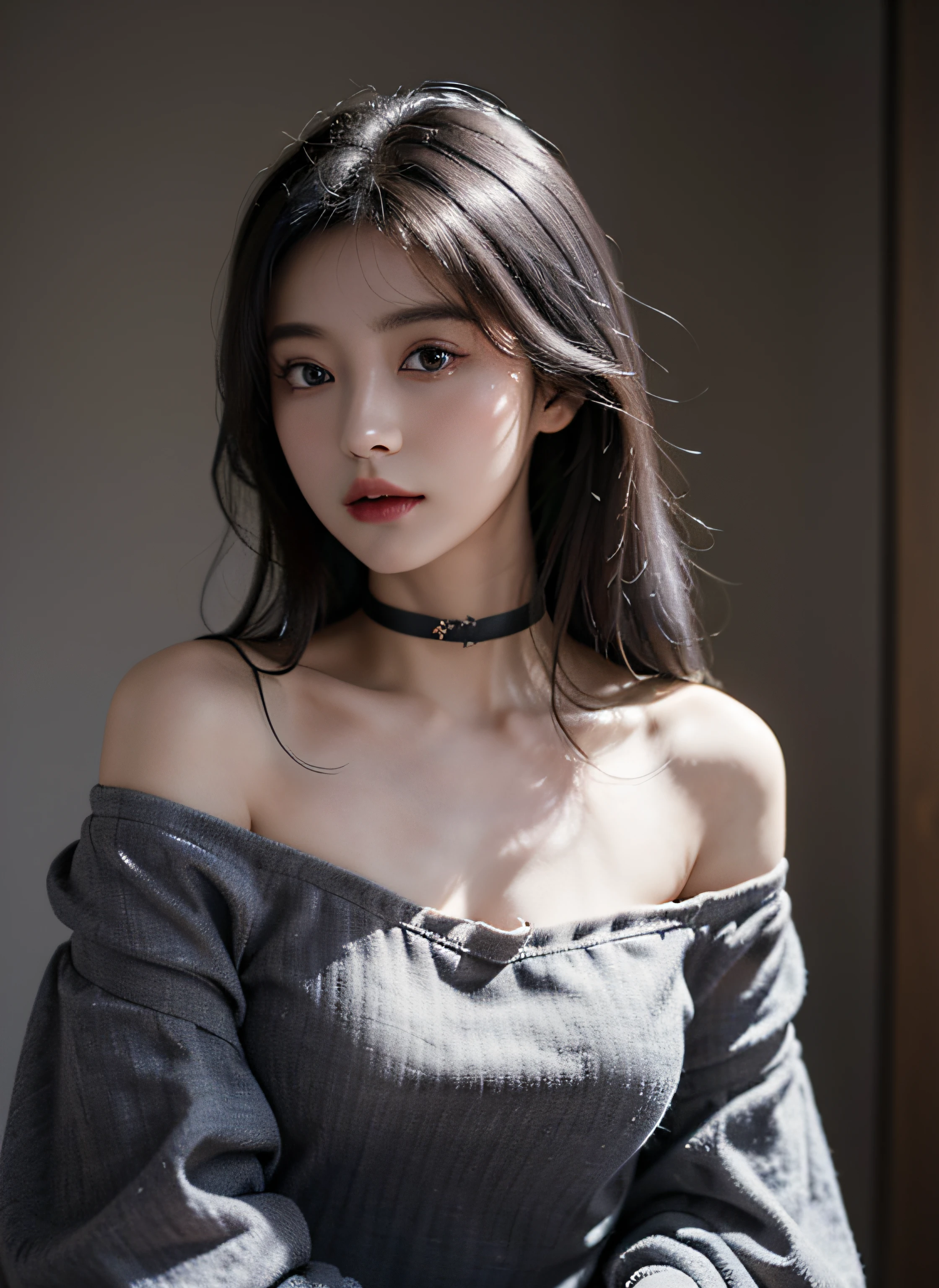 top-quality、​masterpiece、超A high resolution、(Realism: 1.4)、*** 1 人、off shoulder shirt、((Fashionable Dress:1))、a black choker、(faded grayish-gray hair:1)、(爆乳:1.2) 、Look at the viewer、a closeup、｟masutepiece｠