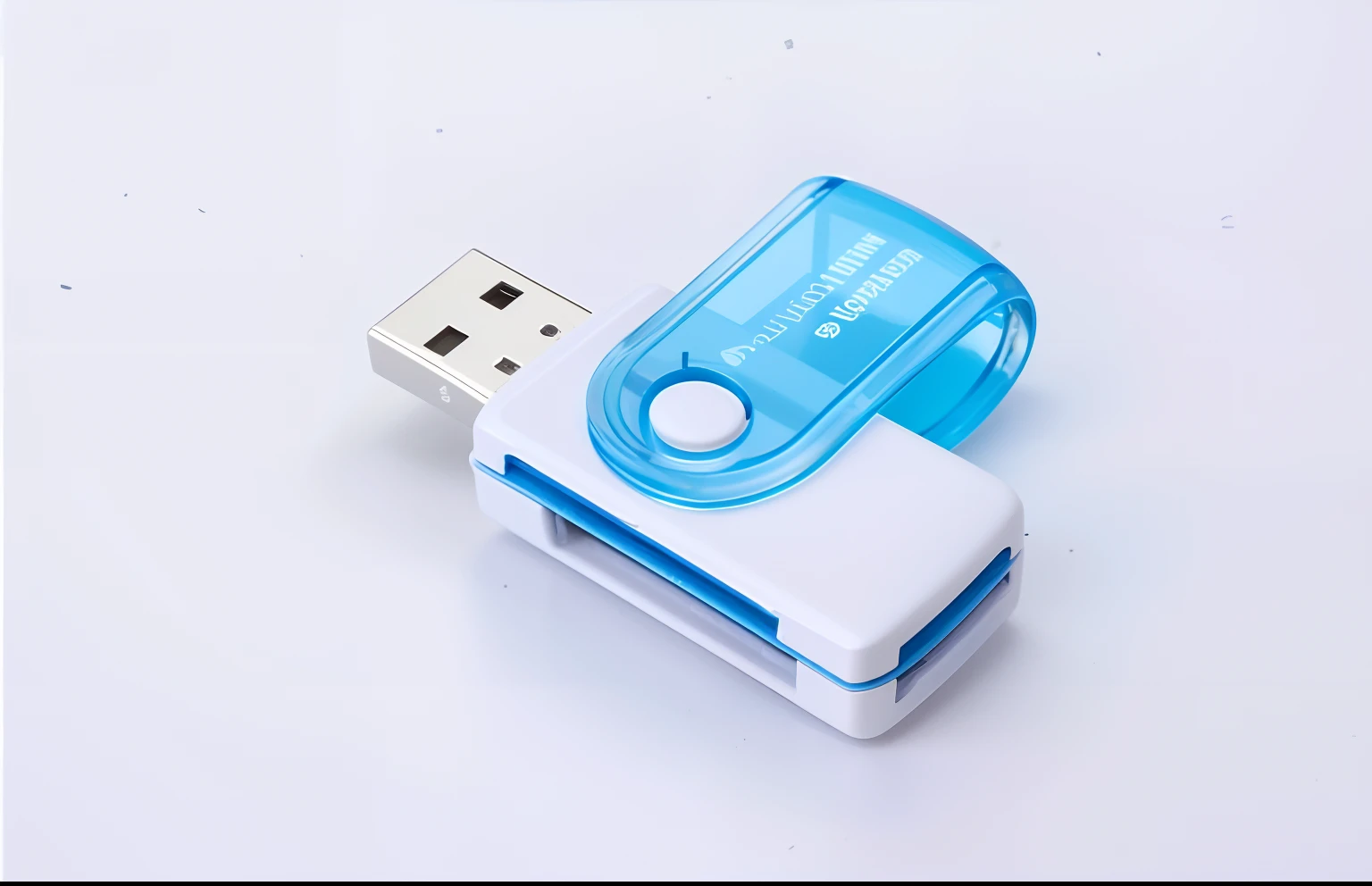 There is a blue and white USB drive located on a white surface, 480p, 4 8 0 p, product introduction photos, product image, 7 2 0 p, 720p, nostalgic memory, Product photo, 1080p, 1 0 8 0 p, small gadget, white cyan, Awesome, C 12.0