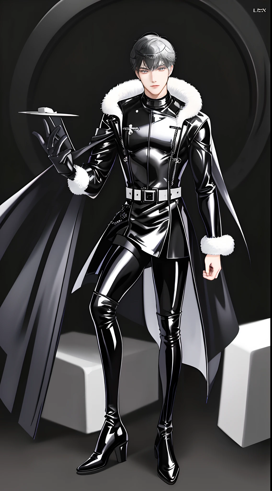 K-pop,Male characters show their faces,latex suit,Black and white spots,musculous,Full body photo,Sexy tights,Wear latex clothing all over,Shiny latex coat,Over-the-knee boots,Flat boots