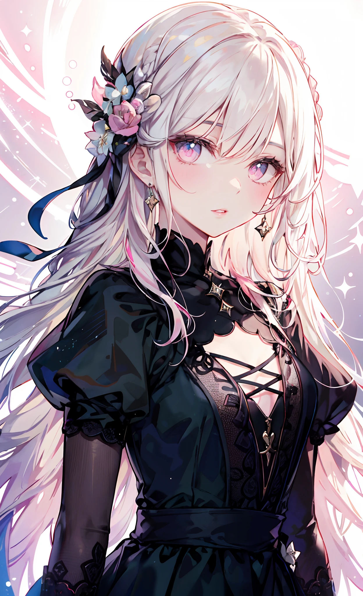 meticulous portrayal of face，1 noblewoman，a matural female，Black dress long dress，(Pink White Long Hair)，(dark night background+)，Prom，Court etiquette，  s the perfect face， Perfect lips， perfect  eyes， Perfect background