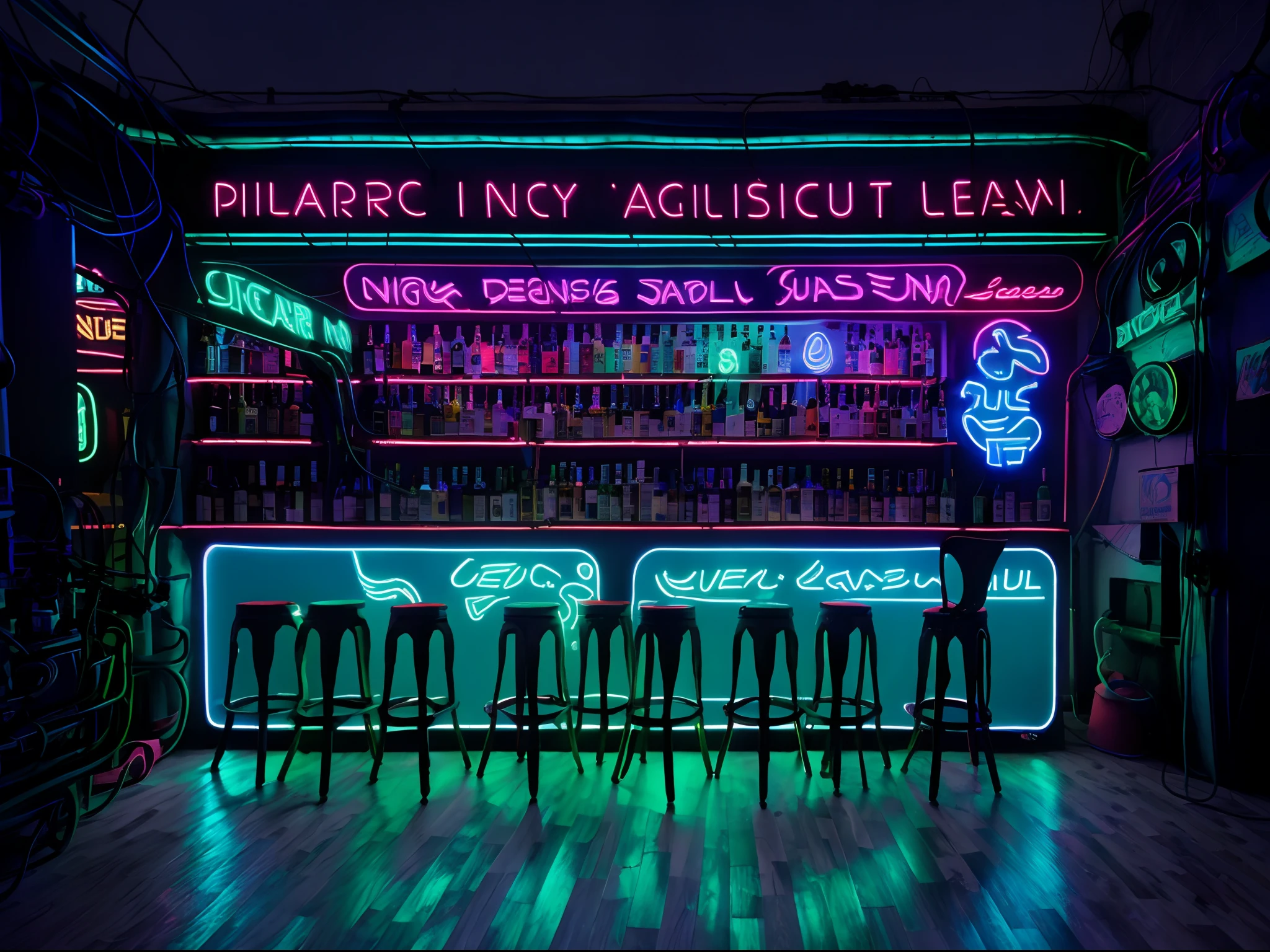 Neon signs on a wall in a bar with stools, Rococo Cyber Neon Lighting, neon bar lights, colorful neon lights, thick neon lights, Cyberpunk Neon Lights, colorful neon signs, soft and dreamy neon lights, cinematic realistic neon photo, bright neon signs, neon billboards, cyberpunk Paris bar, illuminated neon, teal neon lights, dark neon lighting, best quality.