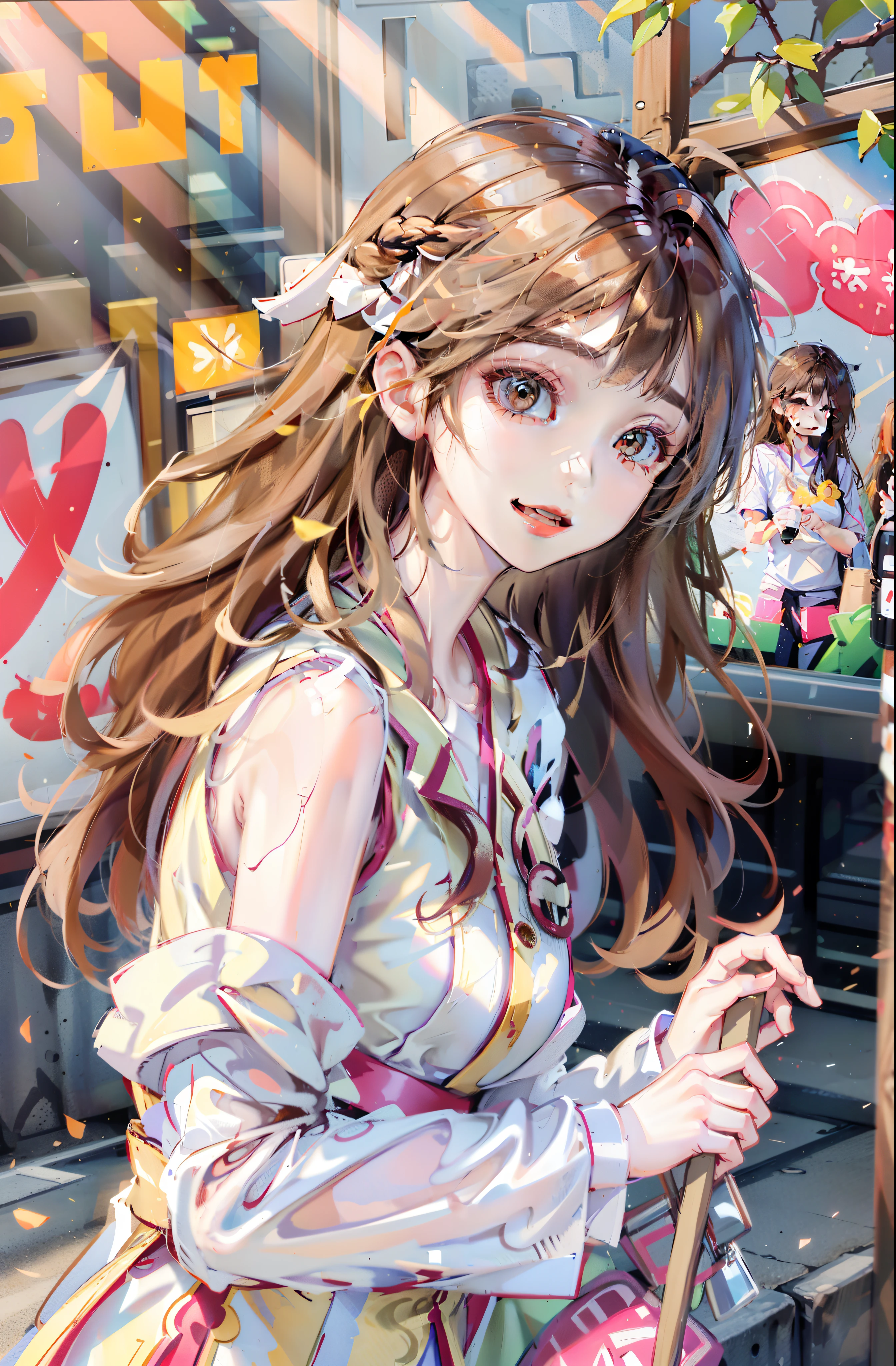 A beautiful girl,Very happy,RAW photos,8K,HighestQuali, 超高分辨率,Beautiful face details,Real human skin,up front view,long whitr hair,realisticlying,realisticlying,adolable,Upper body sunshine child,Smile at me,Brown hair long,Slightly yellowish,Hair flowing loosely,Wear a pink T-shirt,Cute