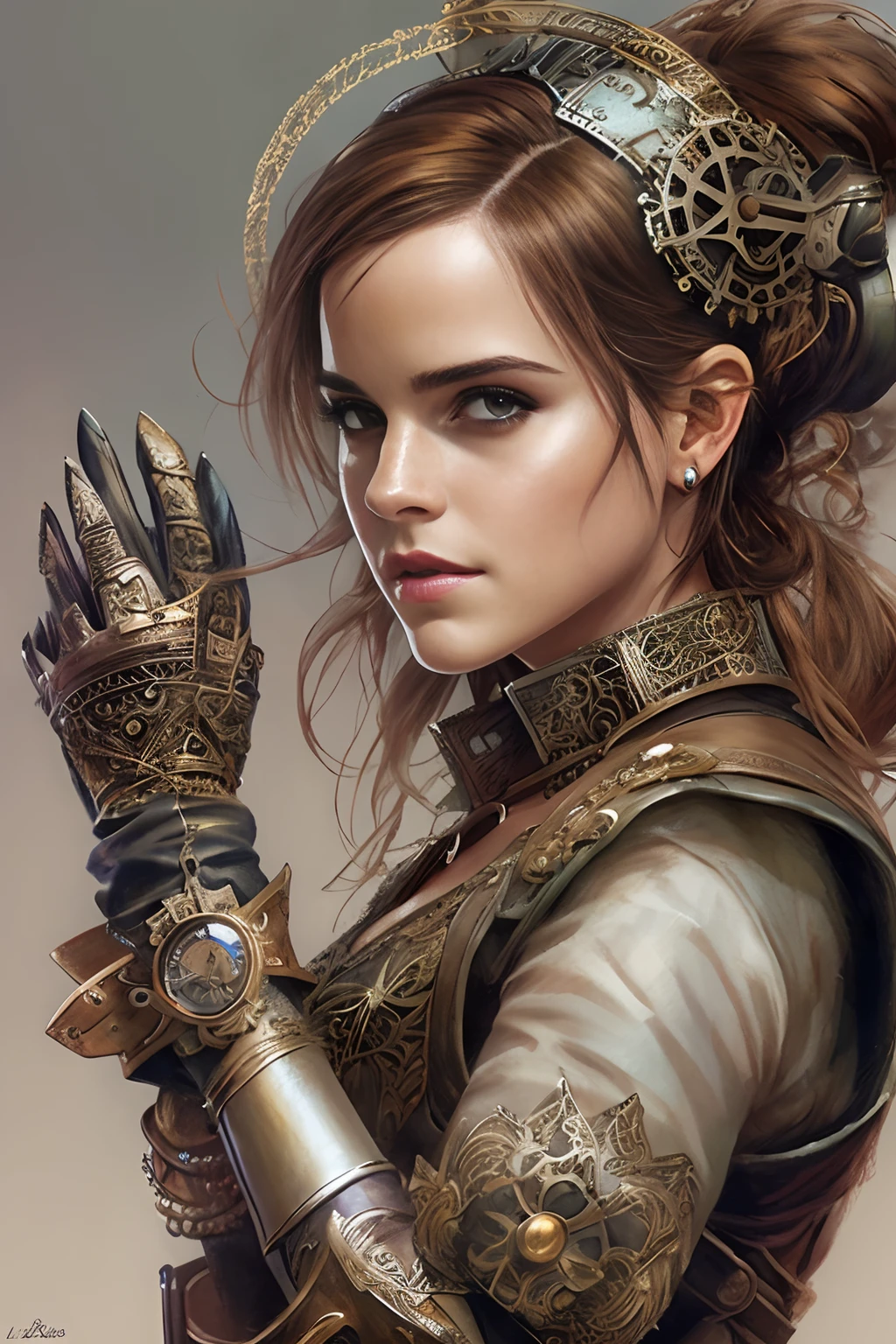 Emma Watson como bela mulher steampunk impressionante, (corpo inteiro), olhos ultra-detalhados, corpo ultra-detalhado, Nice perfect face with smooth skinice perfect face, corpo feminino deslumbrante, ((ultra-detailed hands)), obra-prima conceito de arte de fantasia, trending in artstation, hiper-detalhado, Arte Digital, Motor irreal, 32k, Ultra HD | |, Imagem centralizada, arte de Luis Royo e artgerm e greg rutkowski e Alphonse Much