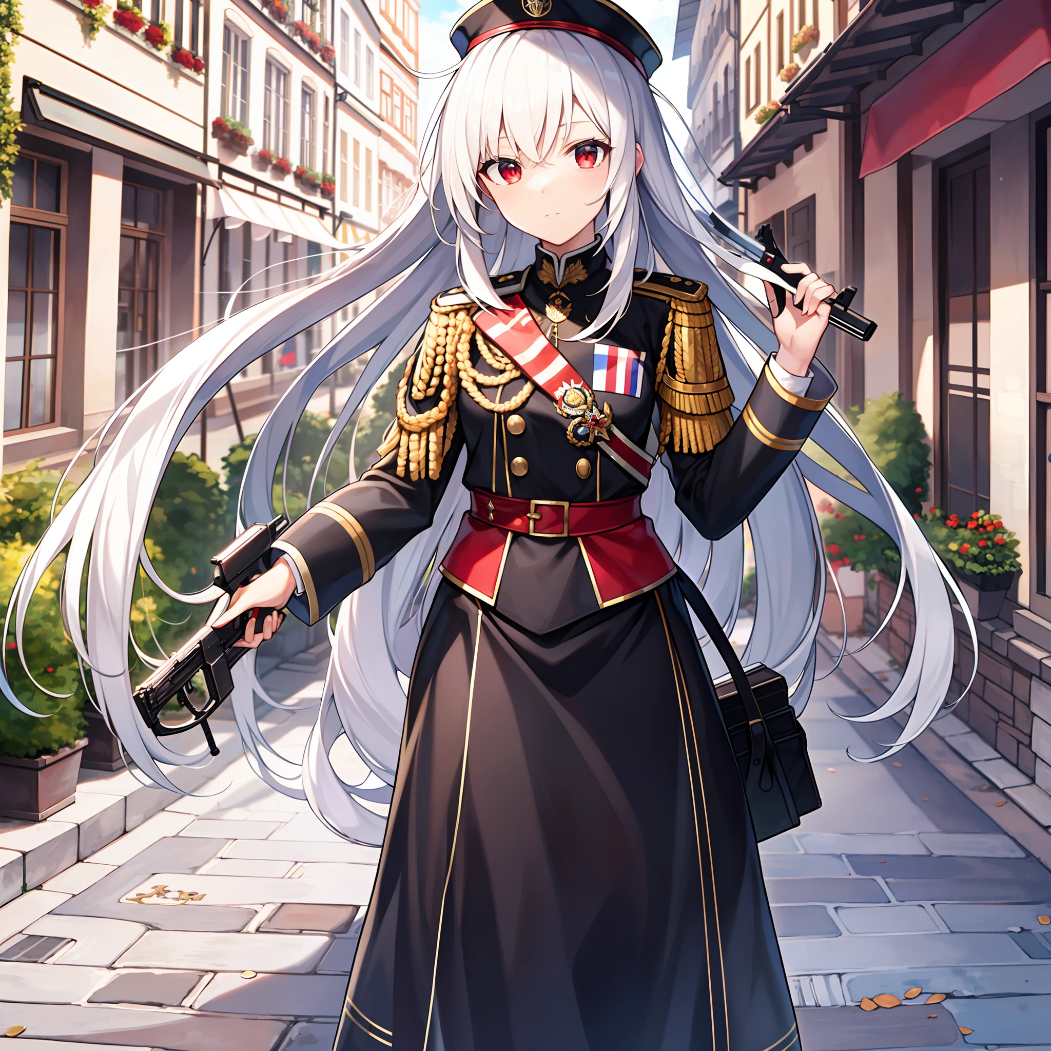 Military, 1girll, Solo, standing, Very long hair, (Messy hair:1.3) White hair, Red eyes, Thin stature, bangs, hair between eye, , (With a Gauss rifle), Bauman's Wehrmacht, , (Street background in Germania),Super Empire, Flag of Greater Germania, (Germanic black military uniform), Military, binh,,future era,Return to the worldview of the German headquarters,New World Order
