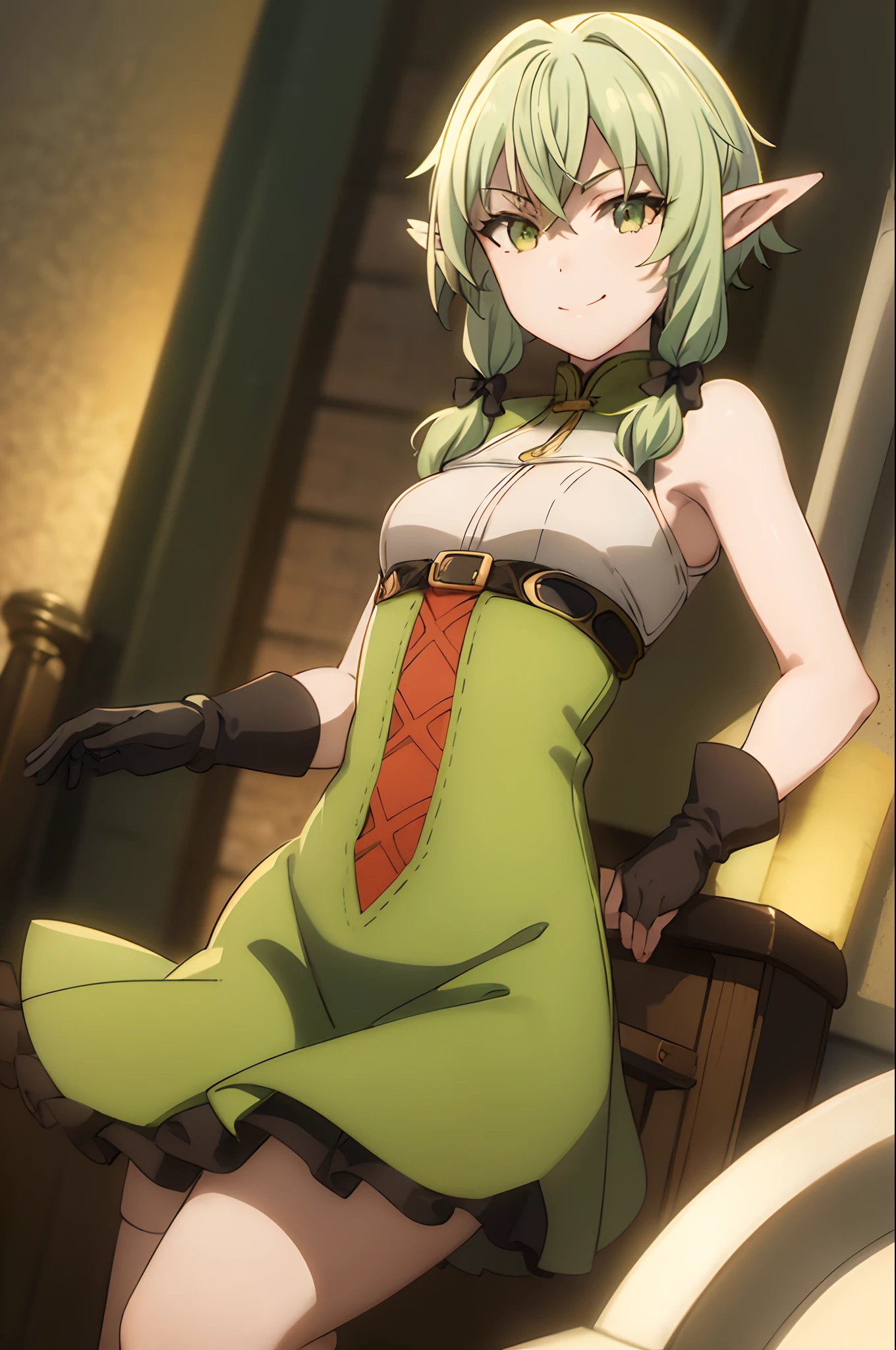 highest quality, Tabletop, 超A high resolution, Ryu Lion, Green shorts, Green Boots, White shirt, Green Cape,Backless Maid