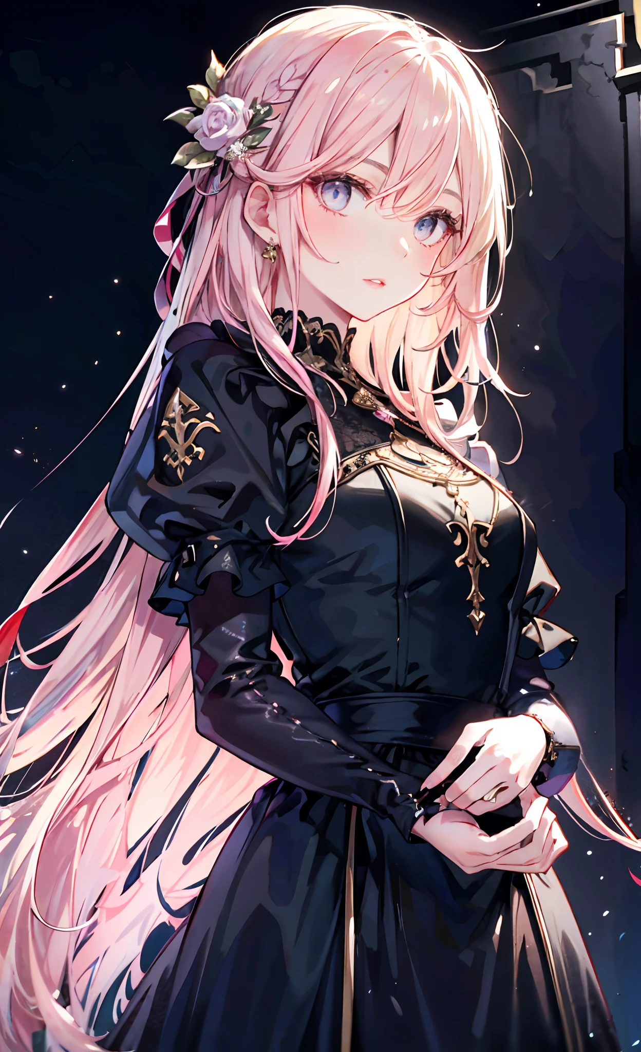 meticulous portrayal of face，1 noblewoman，a matural female，Black dress long dress，(Pink White Long Hair)，(dark night background+)，Prom，Court etiquette，  s the perfect face， Perfect lips， perfect  eyes， Perfect background