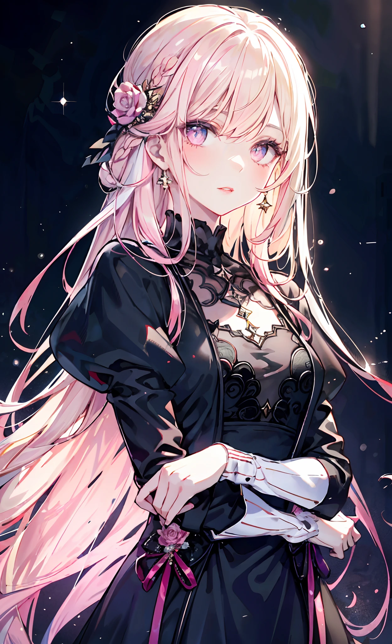 meticulous portrayal of face，1 noblewoman，a matural female，Black dress long dress，(Pink White Long Hair)，(dark night background+)，Prom，Court etiquette，  s the perfect face， Perfect lips， perfect  eyes， Perfect background