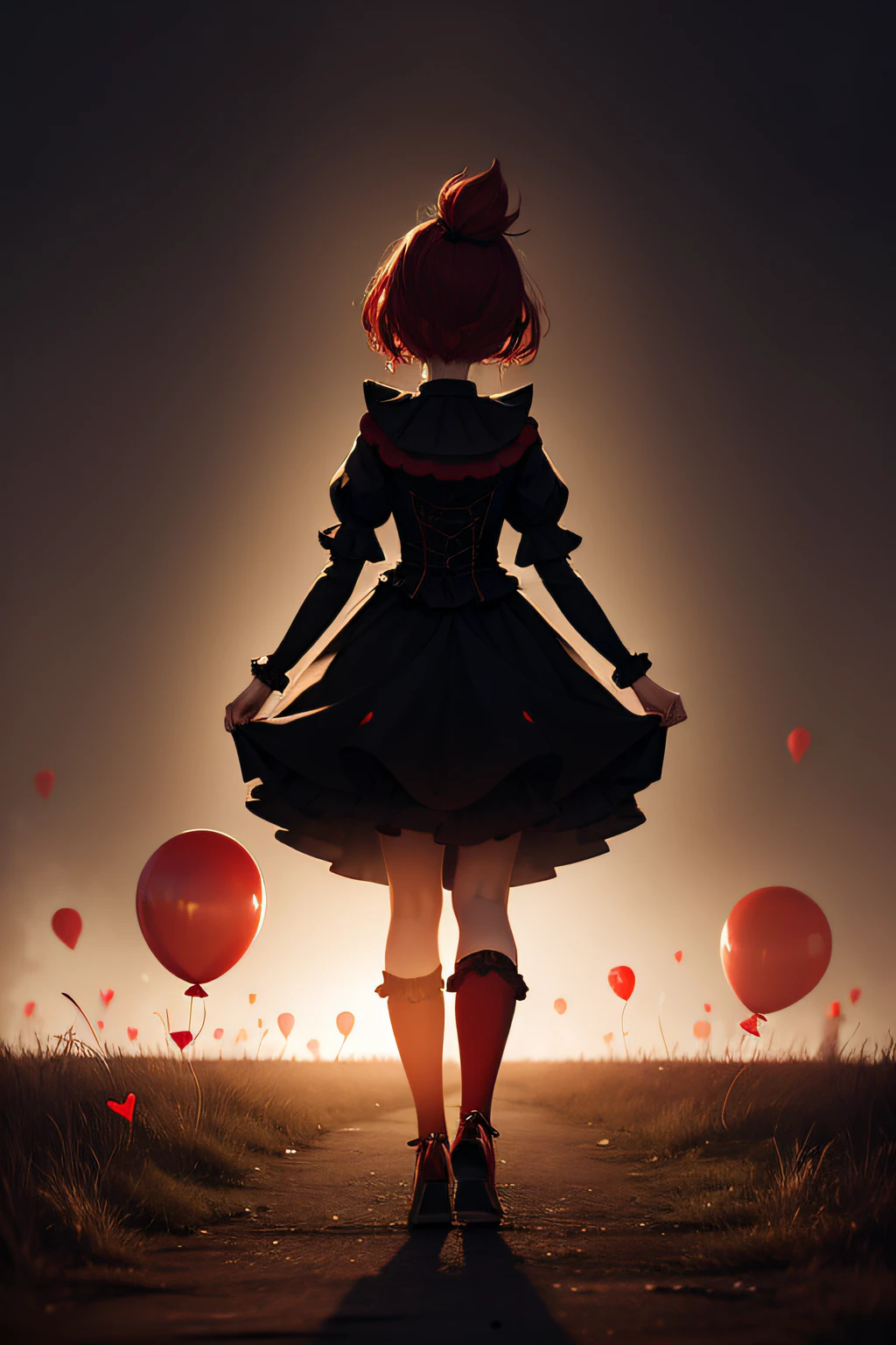 Standing in the darkness of the park copse Spooky clown girl with red balloons, Clown Girl, Pennywise Style, Steampunk style Outdated clown costumes