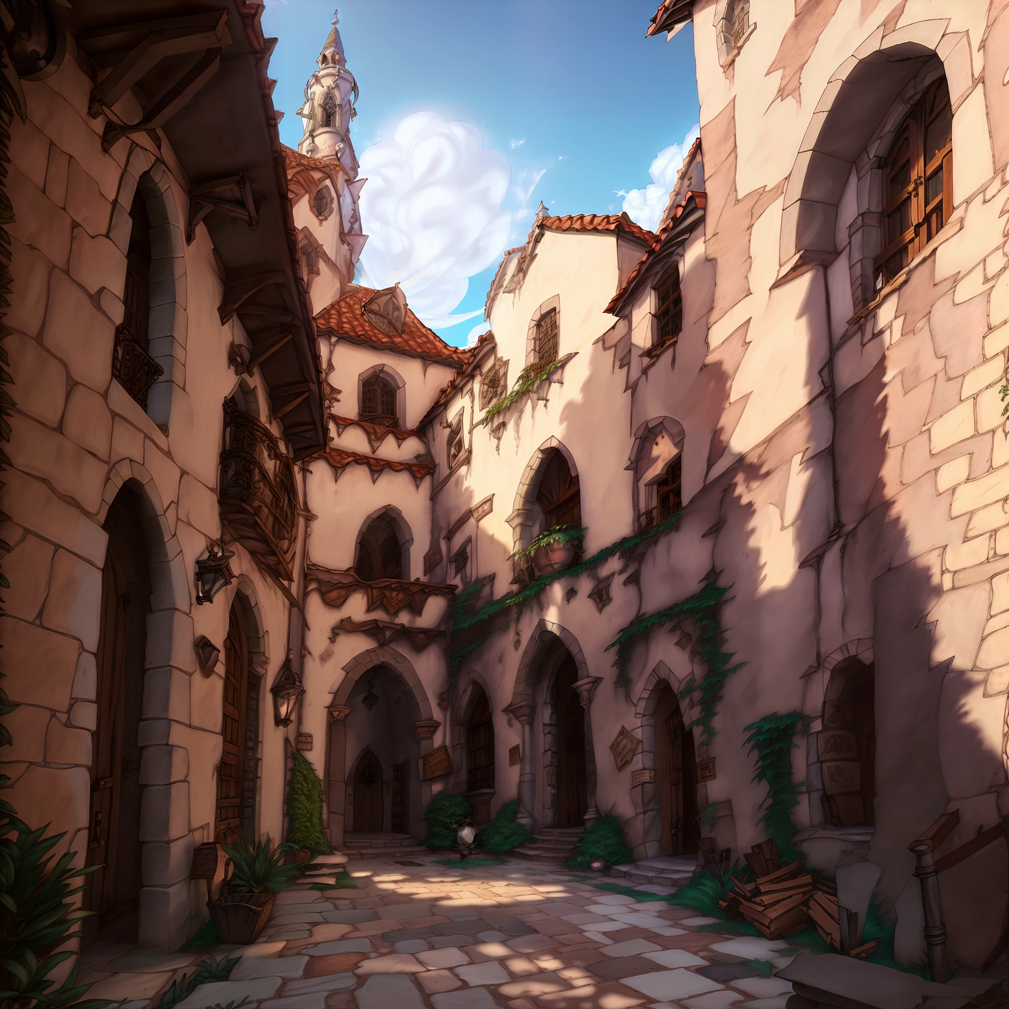 there is a cobblestone street with a clock tower in the background, a wide open courtyard in an epic, renderizado em corona, inside a castle courtyard, Aldeias ， Motor irreal, renderizado em rtx, renderizado no lumion pro, hdr render in unreal engine 5, Renderizado em 8 K Unreal Engine, feito em unreal motor 4, Ray Tracing Global Illumination